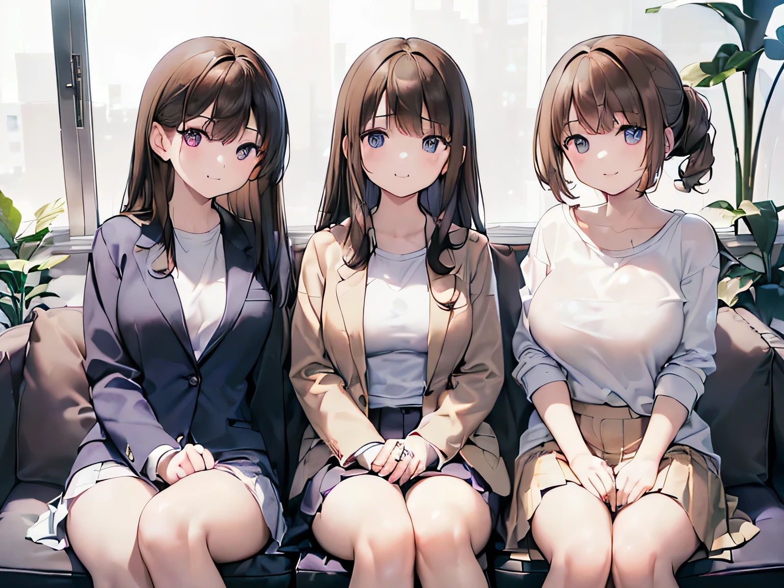 (Masterpiece, highest quality, high resolution, realistic photo, realistic looking skin:1.1), 
(Three women are sitting on a couch in a break room in the office:1.8), 
(all with happy smiling faces:1.5),
(The first person is wearing a gray blazer and a plain white T-shirt, the second person is wearing a dark blue blazer and a plain white T-shirt, and the third person is wearing a beige blazer and a plain white T-shirt:1.8),
(All are wearing mini-skirts:1.8),
(All are wearing pumps on their feet: 1.8), 
(The first has long black hair, the second has medium brown hair, and the third has long brown hair:1.8),
(The first has a mature face, the second has an age-appropriate face like mid-twenties, and the third has a young face:1.5),
(All of them have C-cup breasts, which are not that big:1.5),
(Location: a couch in a break room in the company:1.5), 
1 Japanese girl, solo, full bodied esbian, beautiful eyes, glowing eyes, glowing thighs, NSFW