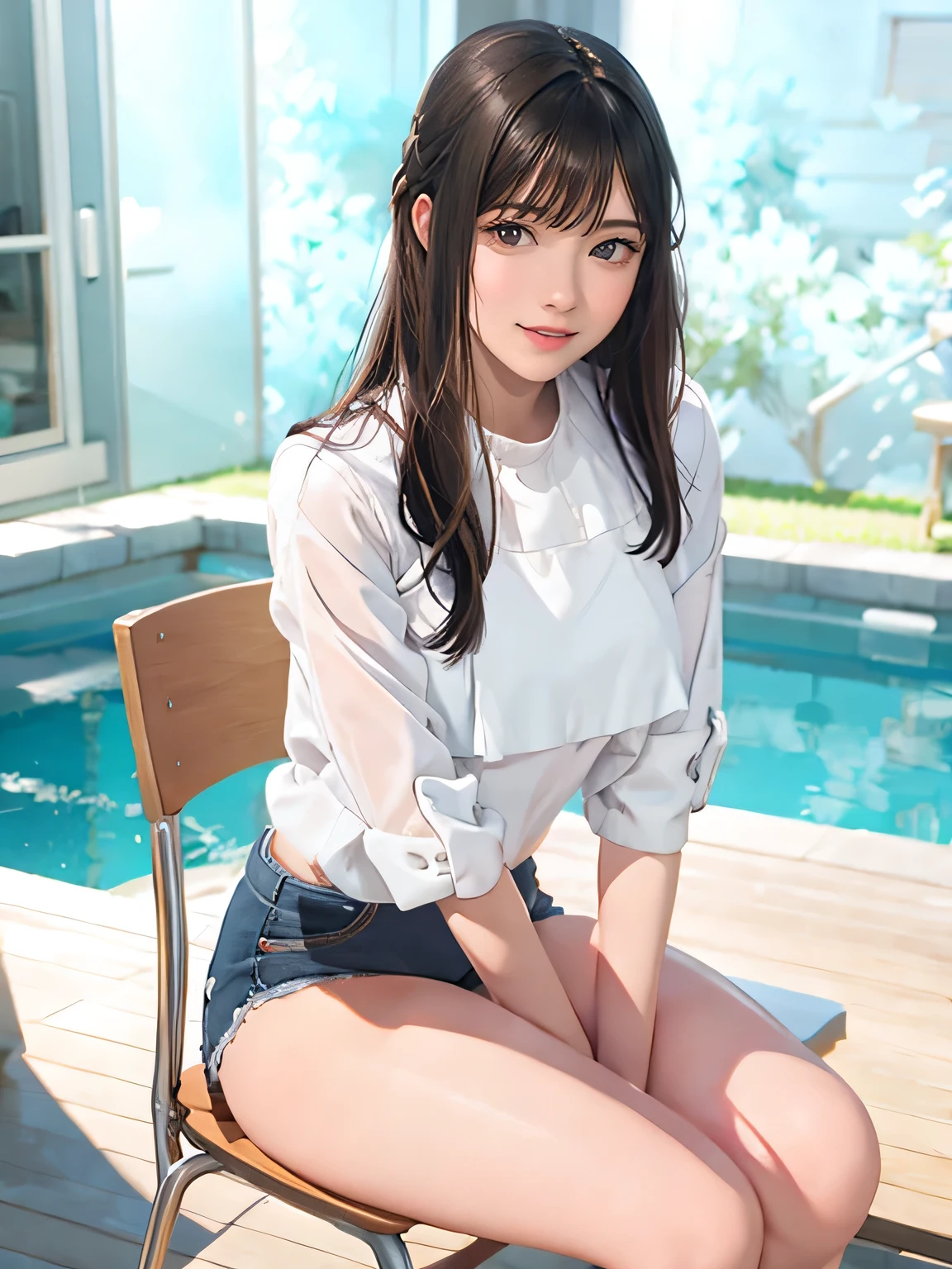 raw photo, 1girl, cute face, beautiful face, medium breast, White blouse, light smile, detailed skin, simple background, Above the knee, sit on a chair, Seductive pose, photorealistic, masterpiece, best quality, anatomically correct, UHD