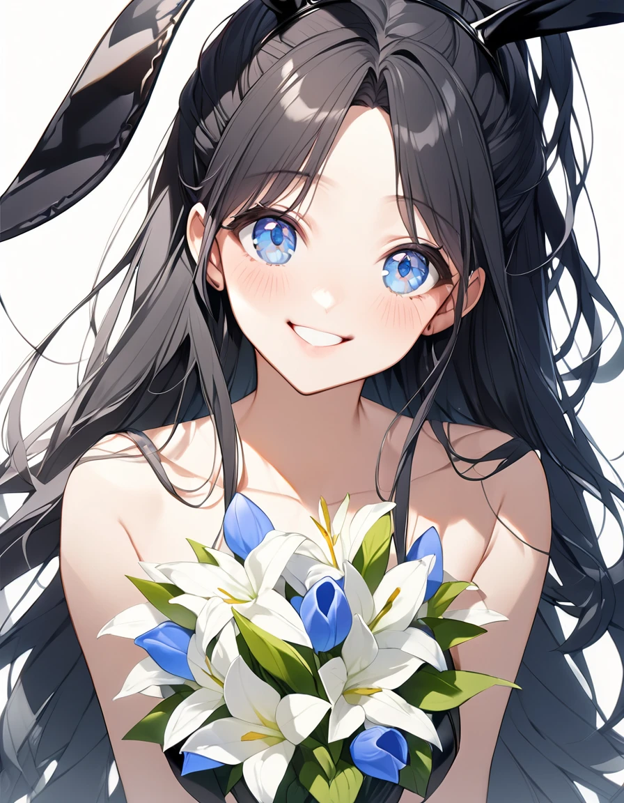 (Highest qualityのイラスト、Simple white background:1.2), (pretty girl:1.1), (1 girl、、), (1 girl、Kind eyes、blue eyes)、Black Hair、Semi-long hair、(Highest quality、Very detailed、Ultra-high resolution) 、Black Hairの美少女、smile、Bunny girl、Bunny ears、Black leotard、Larger breasts、holding a big bouquet、Upper Body