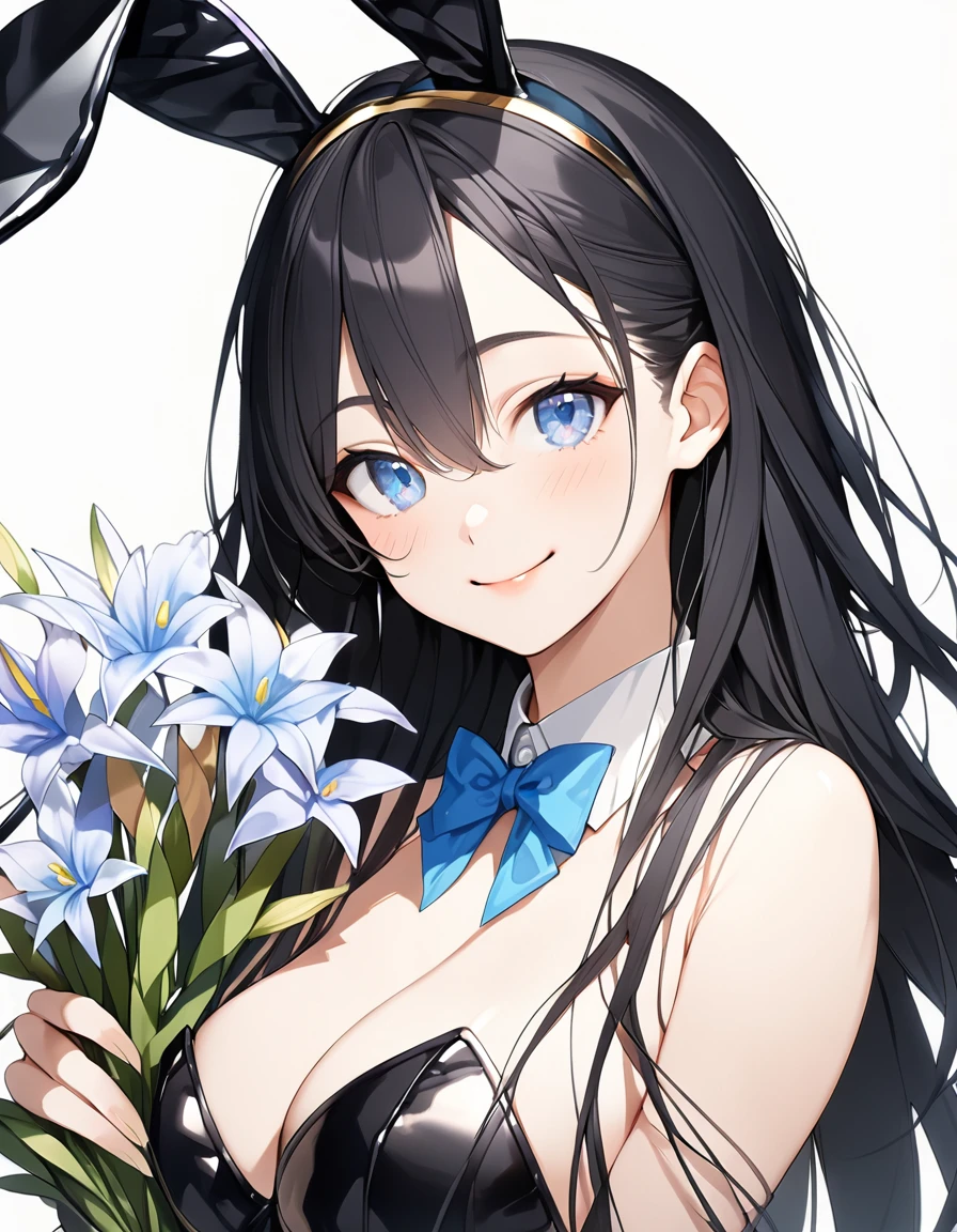 (Highest qualityのイラスト、Simple white background:1.2), (pretty girl:1.1), (1 girl、、), (1 girl、Kind eyes、blue eyes)、Black Hair、Semi-long hair、(Highest quality、Very detailed、Ultra-high resolution) 、Black Hairの美少女、smile、Bunny girl、Bunny ears、Black leotard、Larger breasts、holding a big bouquet、Close-up