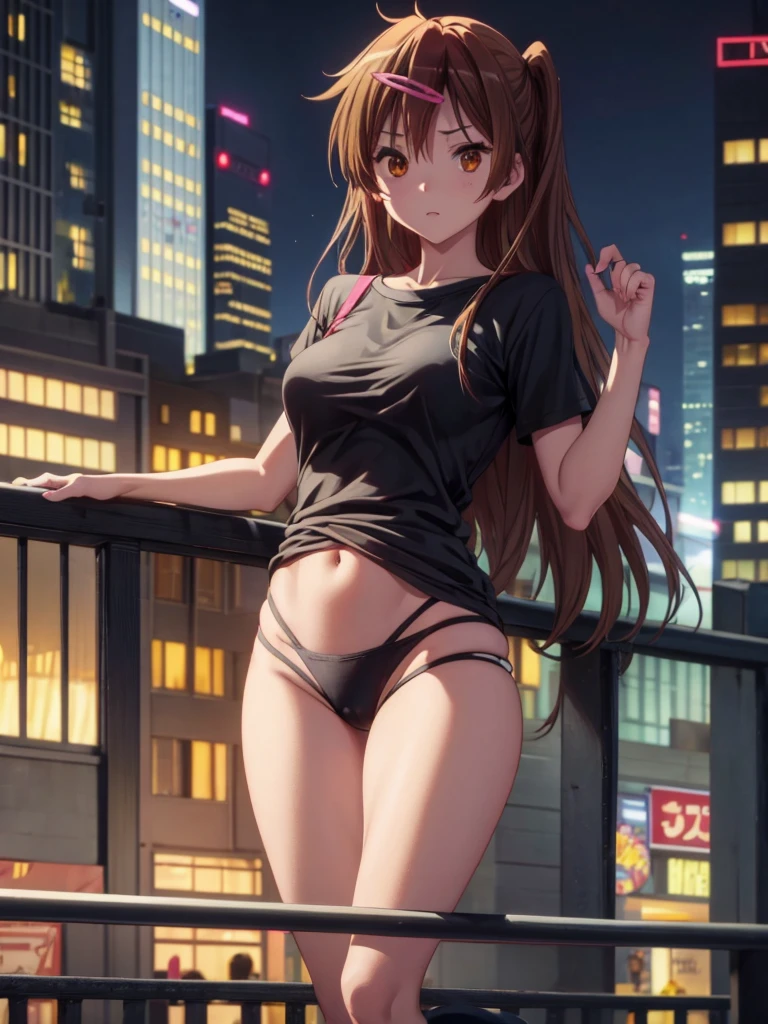 Girl, slim tight t-shirt, black Thong, navel shown, street background, openlegs, night, Balcony, Skyscraper