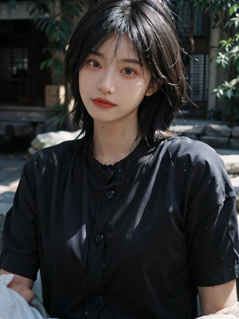 (Skin details:1.4), (smooth skin textures:1.3), (Upper body:1.4),(Upper Body:1.3)Lipstick, background, earrings, serene, calm, (Black shirt:1.5),(Realistic and detailed eyes:1.2), Natural skin texture, Realistic facial details, Soft dramatic lighting, Vivid details, 35 mm film, outdoor, (Photo Practical:1.4), (hyper Practical:1.4), (Practical:1.3), (Smoother lighting:1.05), (Improve lighting quality:0.9), (Highest quality real skin textures:1.4), Exquisite eyes, Delicate face, Close-up of face, (Enhance the beauty of skin texture:1.1), Hair details,normal body ratio, short hair, Moles under the eyes, A faint smile,Portrait Photography, Depth of Field, Bokeh, Surrealism, Ray Tracing, (Portrait Photography:1.1), Surrealism, High Detail, Chiaroscuro, Ray Tracing, reflected light, Ultra HD, Ultra HD, masterpiece, Textured Skin, Super Detail, High Detail, high quality, best quality