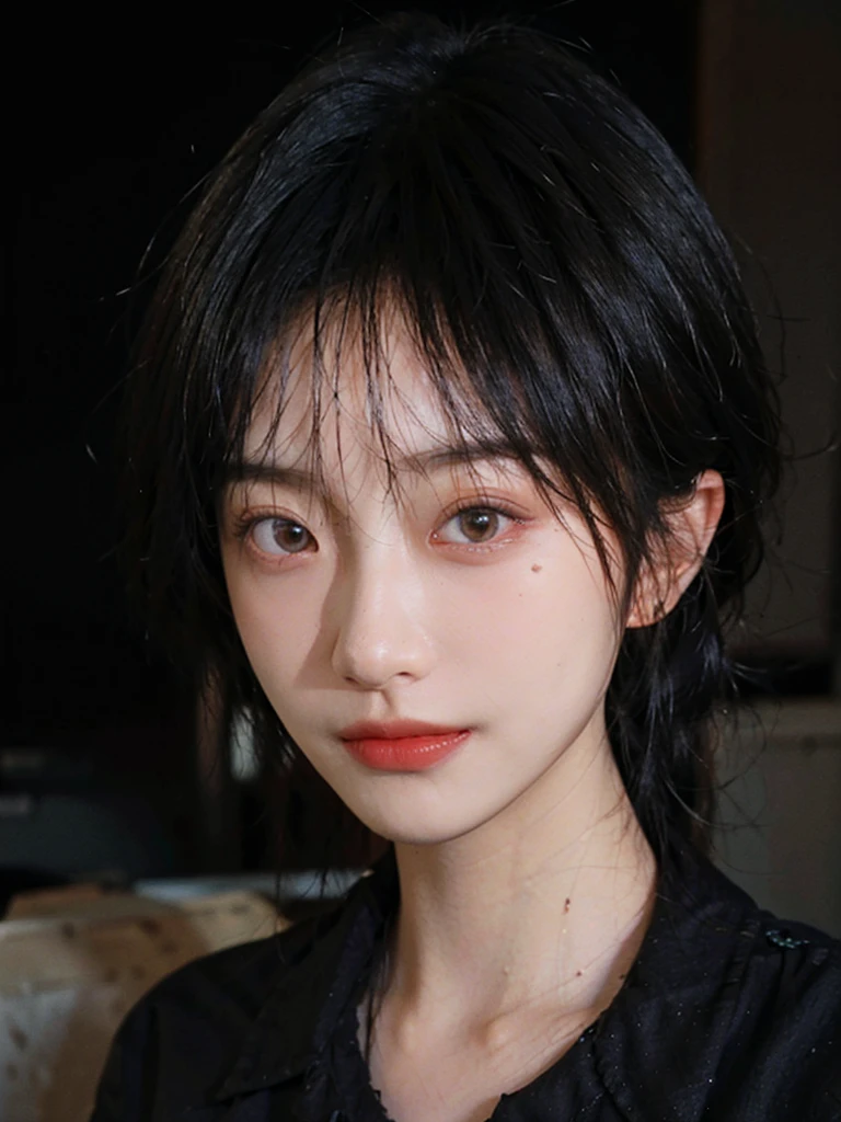 (Skin details:1.4), (smooth skin textures:1.3), （Upper body：1.4），（Upper Body：1.3）Lipstick, background, earrings, serene, calm, (Black shirt:1.5)，(Realistic and detailed eyes：1.2）, Natural skin texture, Realistic facial details, Soft dramatic lighting, Vivid details, 35 mm film, outdoor, (Photo Practical:1.4), (hyper Practical:1.4), (Practical:1.3), (Smoother lighting:1.05), (Improve lighting quality:0.9), (Highest quality real skin textures:1.4), Exquisite eyes, Delicate face, Close-up of face, (Enhance the beauty of skin texture:1.1), Hair details,normal body ratio, short hair, Moles under the eyes, A faint smile,Portrait Photography, Depth of Field, Bokeh, Surrealism, Ray Tracing, (Portrait Photography:1.1), Surrealism, High Detail, Chiaroscuro, Ray Tracing, reflected light, Ultra HD, Ultra HD, masterpiece, Textured Skin, Super Detail, High Detail, high quality, best quality