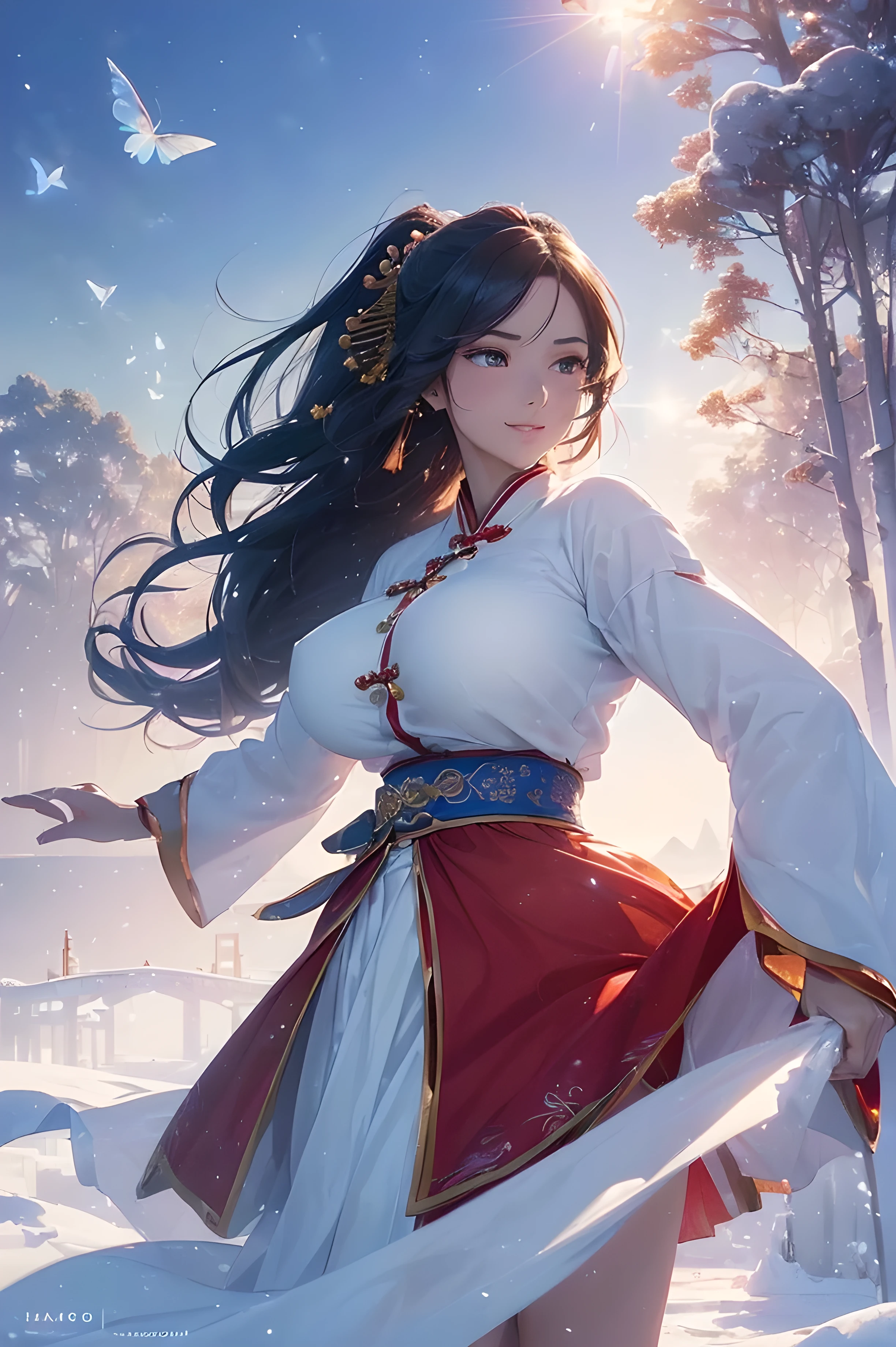 A beautiful woman, legendary, ((((realistic oil art, 46-year-old Empress, vibrant look, (( red hanfu dress, wuxia, dancing, dance, modest)), top of the mountain, 1girl, masterpiece, extremely detailed, (beautiful detailed glow), lens flare, red flare lens, sun flare, clouds, backlighting, (blue sky)
, light from behind, shadow on the figure, sparkling snow ,smile, laughter, standing in the distance, looking at the viewer, full-length
, elegance under the sun, hair ornament, movement motion, image look alive, perfect body figure, very big breast, very big ass, beautiful face, milf, royal, red color hair, shine eyes, blue eyes, ponytail long hair style, beautiful skin, Extremely details hair, fine details, cinematic lighting, beautiful lighting effect, creative design, full body frame, divine aura, hard harmony , sun light, perfect color transition, perfect balance of contrast, perfect color layer, perfectly smooth color blur, soft rendering, smooth color stroke, moon glare, optic lens, moonlight ray, soft colors, smooth colors blend, perfect color rendering, harmony, perfect color harmony, beautiful color, soft harmony, light particles, perfect details, intricate details, color prism, fine details, refine details, different view point, extremely details clothes))), Tachibana Omina art style, affectionate eyes, half a smile, slightly open mouth, a gentle expression on his face, serene scenery of  flower under the snow, snow flake floating around, calm, breeze and sunlight, sun, lake, reflection, in the background, butterflies in the sky, realism, ((Best quality))),8k,((Masterpiece)),(Extremely refined and beautiful)