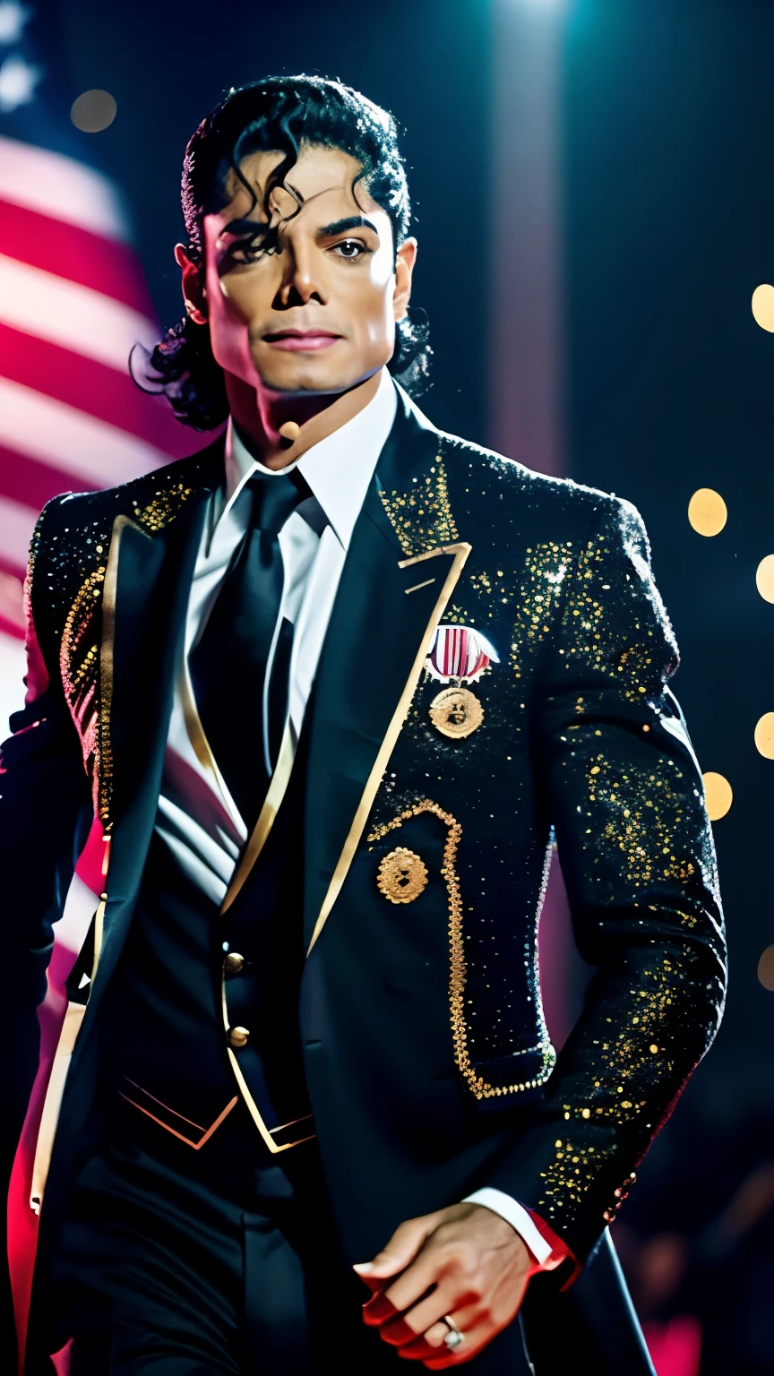 dynamic masterpiece epic cinematic scene,best qualityer,hyper detailled,ultra detaild, Michael Jackson was wearing a RED AND BLACK suit,and had one hand in his pocket,real skin,ral-bling gold suit,USA flag background,waist shot,bokeh,Rambrandt Lighting, In Motion. high budget action movie main theme. CRU photo, motion-blur. best qualityer, high resolution, DRESS THRILLER, SINGING
