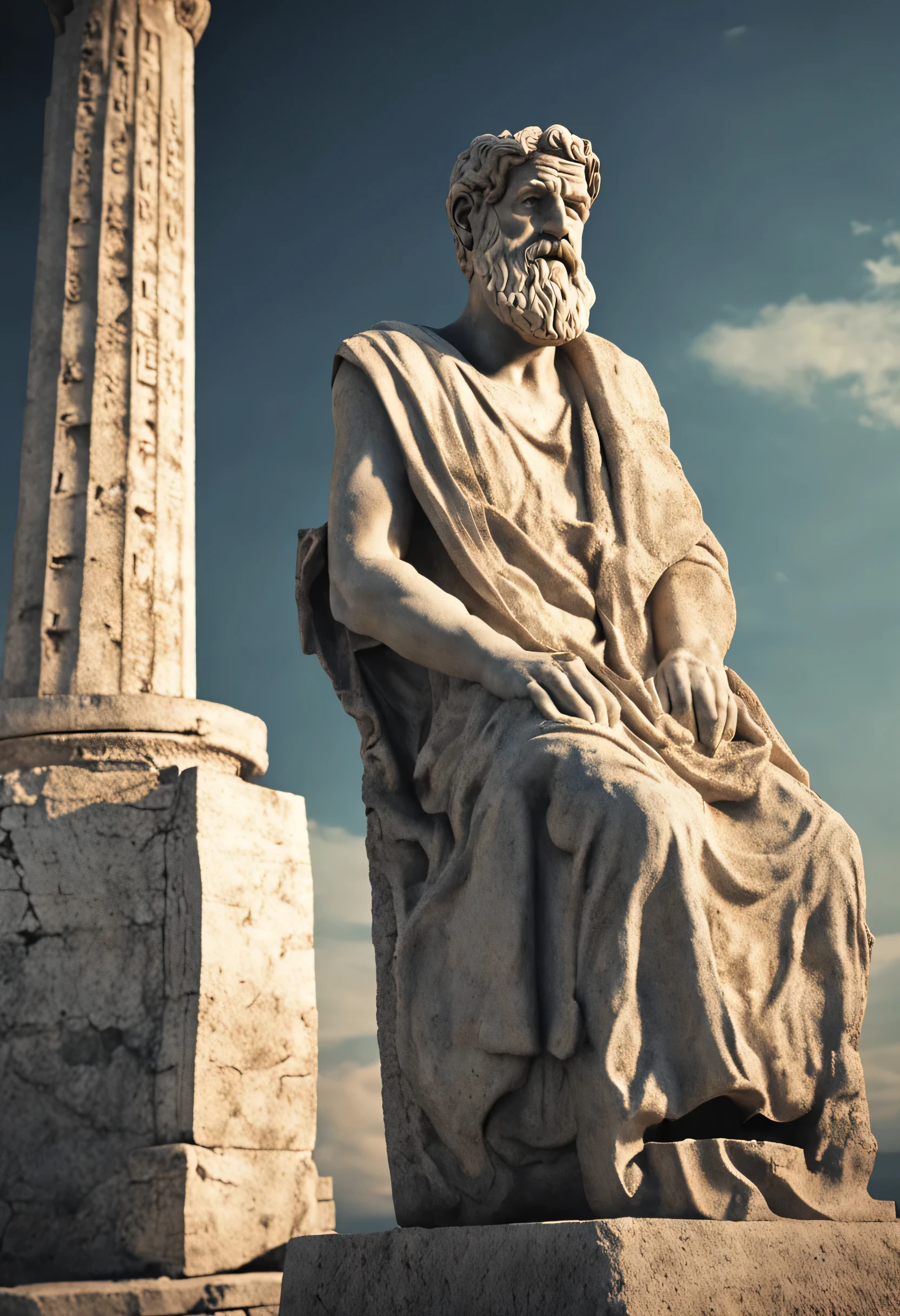wise man, Stoic statue, gris, old, Greece, watching, city below, reading a book