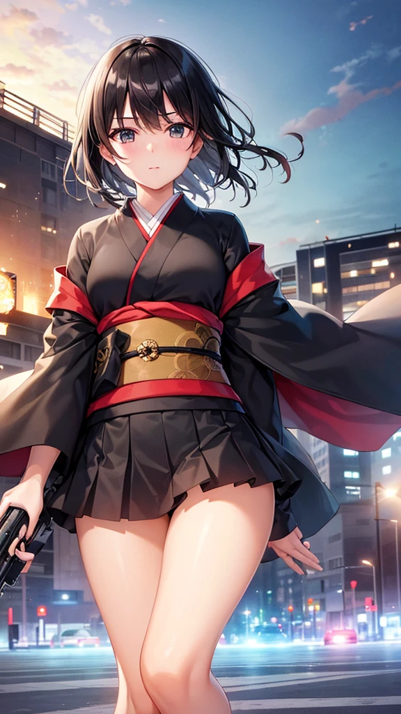 ((Best quality))((realistic))((full body))((face detail))A girl. Short black hair. Kimono . Holding guns in hand . City destruction background. Waifu
