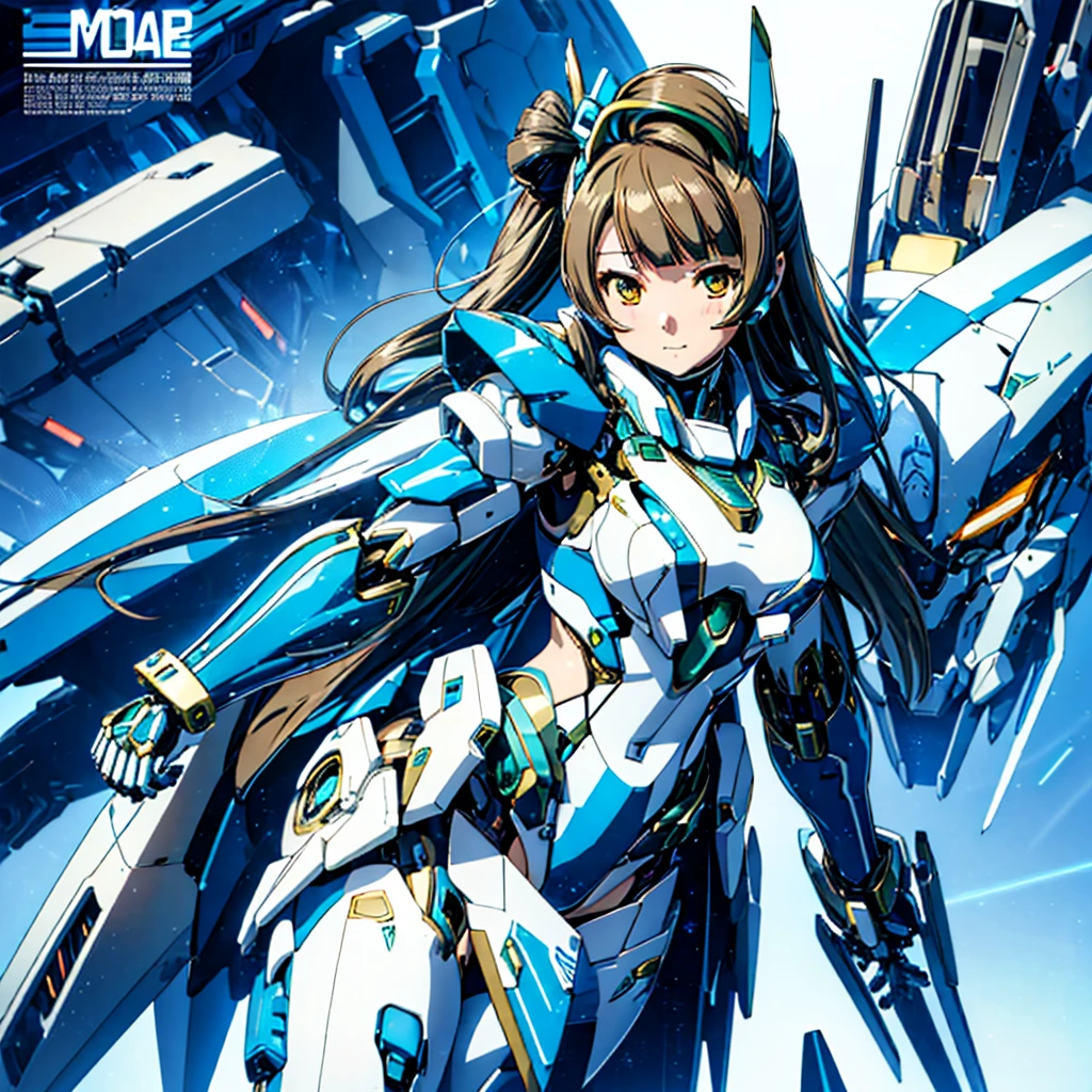 masterpiece, high quality, Cyborgization、Destroyed gynoid cyborg body、The face is of Minami Kotori.、mechanical parts、Blue and white leotard armor、solo focus、Single image、from front, full body、Mechabare、The body is destroyed, exposing the precision machinery、Barcode on thigh、Inside the Institute