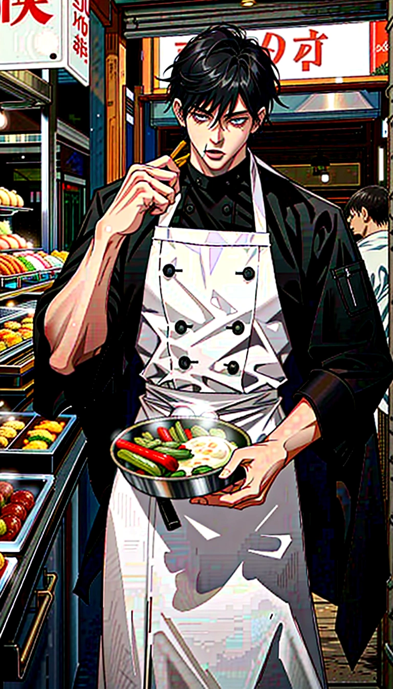 A handsome young man with black hair, dressed in a professional chef's outfit, is standing at a bustling street food stall. He is focused and skillfully preparing a delicious dish, with various cooking utensils and ingredients around him. The background features a vibrant market scene with other food stalls, colorful signs, and a crowd of people eagerly waiting for their food, emphasizing his dedication and expertise in the culinary arts.