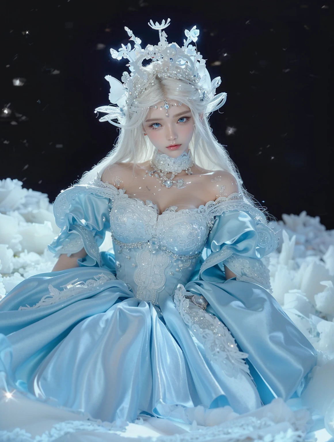 Game Art，Best image quality，Maximum resolution，8K，(A bust photo)，(portrait)，(Head close-up)，(Rule of Thirds)，Unreal Engine 5 rendering works，20 year old girl，((Queen))，The eyes are very detailed，(Large Breasts)，Elegance and nobility，Light，Light线追踪，Game CG，((3D Unreal Engine))，OC rendering reflection mode，4K，Ultra-clear，Sensual，Translucent lace，Fair and plump figure，Pretty Face，Light泽凝胶涂层，身着华贵礼服的Queen，Crystal Gem Crown，Necklace jewelry，blue eyes，The tattoo is very three-dimensional，Gorgeous and intricate tattoo designs，Ultra-clear portrait，Sexy body，Temple Princess，Sapphire eyes，Fine gold and diamond jewellery，Luxurious jewelry，Wearing diamond gemstone jewelry，Gorgeous jewelry all over the body，Pearl Necklace，Chinese Hanfu，Kneel on the clouds