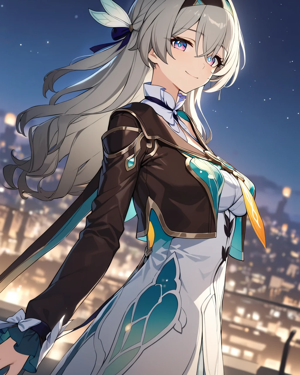 best quality, masterpiece, firefly \(honkai: star rail\), 1girl, solo, outdoor, beautiful city, looking at viewer, smile, closed mouth, high quality jacket,  high quality white dress, long sleeves, beautiful night sky, medium breasts, headband, best quality girl arms