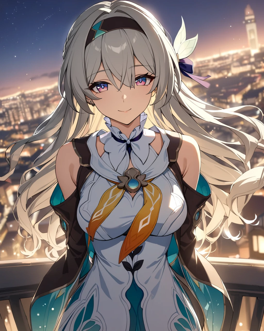 best quality, masterpiece, firefly \(honkai: star rail\), 1girl, solo, outdoor, beautiful city, looking at viewer, smile, closed mouth, high quality jacket,  high quality white dress, long sleeves, beautiful night sky, medium breasts, headband, best quality girl arms