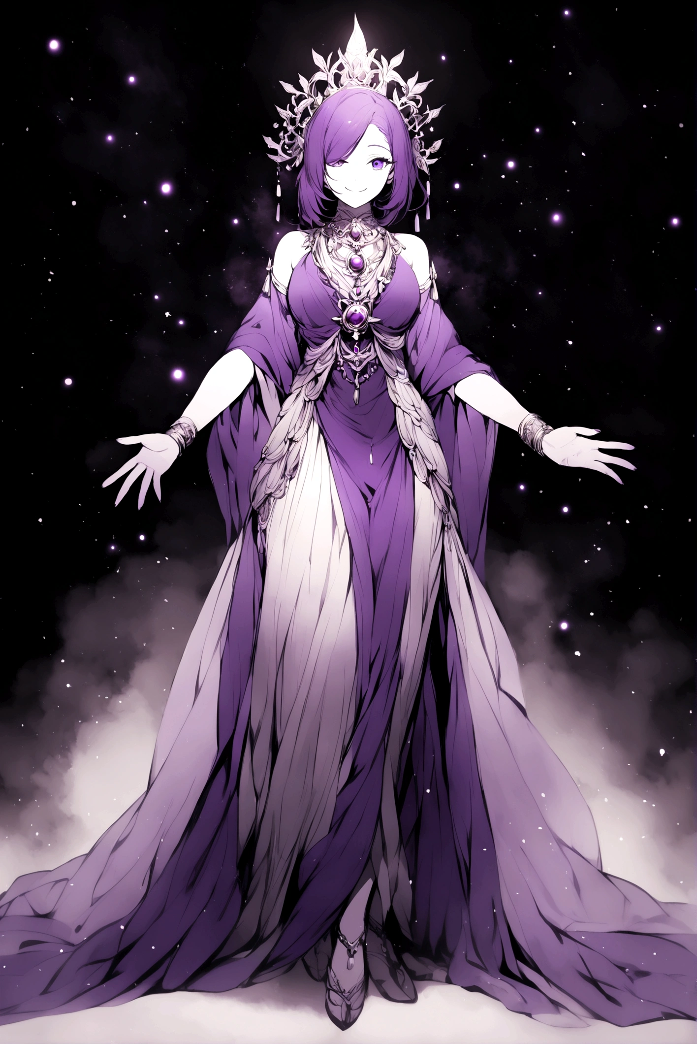full body,goddess,purple color, detail2eye, low contrast, desaturated, blur, noise,purple hair,purple eyes,holy light,smile