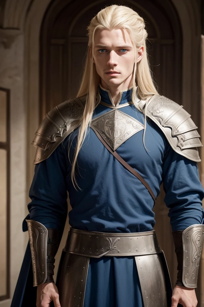 Aegon is tall and athletic, with blond hair and piercing blue eyes. He has a noble and imposing appearance, often dressed in fine clothing and armor richly decorated with the crest of House Hightower.