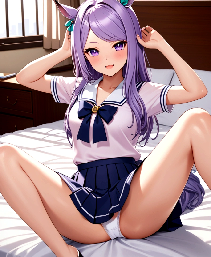 ((8K, Best Quality, masterpiece, Highly detailed)),{{{NSFW}}},Semi-realistic illustrations,Mejiro McQueen \(umamusume\),{1 girl,beautiful girl,cute,smile,kawaii, lovely,blushing,playful expression},sharp focus,oily skin,beautiful detailed hair,glossy hair,(wear school uniform:1.5),(two nipples slip from school uniform:1.2)(NSFW),erection-of-nipples,(lying on the bed:1.2),wear long school skirt,perfect two legs,(spread two legs:1.2),(show-off-white-panties:1.3),five fingers,large breaths,wear black pantyhose,beautiful detailed eyes,jewel like eyes,violet eyes, (two hands behind head:1.1),open mouth,armpits, solo,beautiful navel, looking at viewer,collarbone,earring