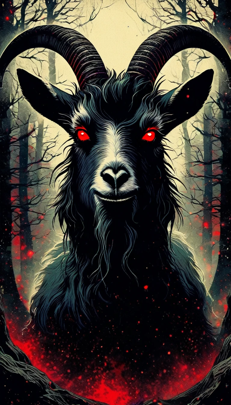 1 large angry black satanic goat with red eyes and dark forest, sinister, stars, background, art inspired by Bill Sienkiewicz
