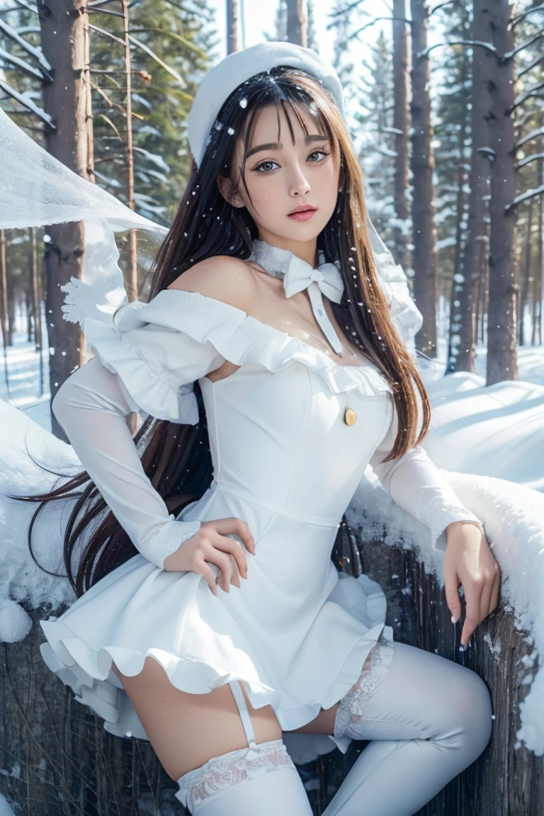 Ariana Grande  dress con un traje de pie sobre un puente., y 2 k Cutecore Clowncore, Maid outfit,  en dress, ruffled suit,(mini lasts santa claus:1.4), (white thigh boots),(White lace stockings), of a catboy! maid! dress, fancy suit, Anime girl in maid costume, dress de sirvienta, dress con volantes ((harpist)), whole body! pretty face,,More detailed 8K.unreal engine:1.4,UHD,La Best Quality:1.4, photorealistic:1.4, skin texture:1.4, Masterpiece:1.8,first work, Best Quality,object object], (detailed face features:1.3),(detailed hands),((The correct proportions)),(Beautiful blue eyes),convex，(camel toe)，(background forest white trees snow falling:1.4) ,(snowflakes:1.4)
