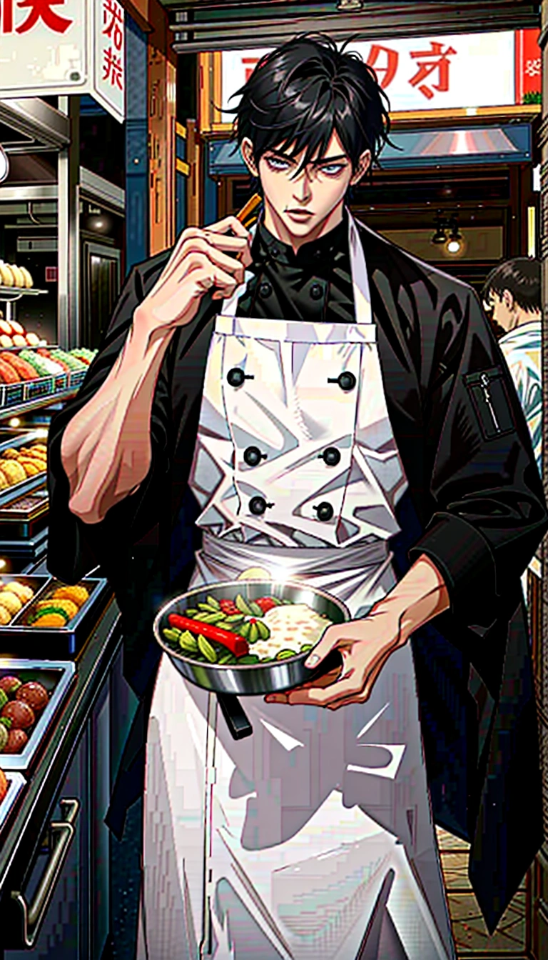 A handsome young man with black hair, dressed in a professional chef's outfit, is standing at a bustling street food stall. He is focused and skillfully preparing a delicious dish, with various cooking utensils and ingredients around him. The background features a vibrant market scene with other food stalls, colorful signs, and a crowd of people eagerly waiting for their food, emphasizing his dedication and expertise in the culinary arts.