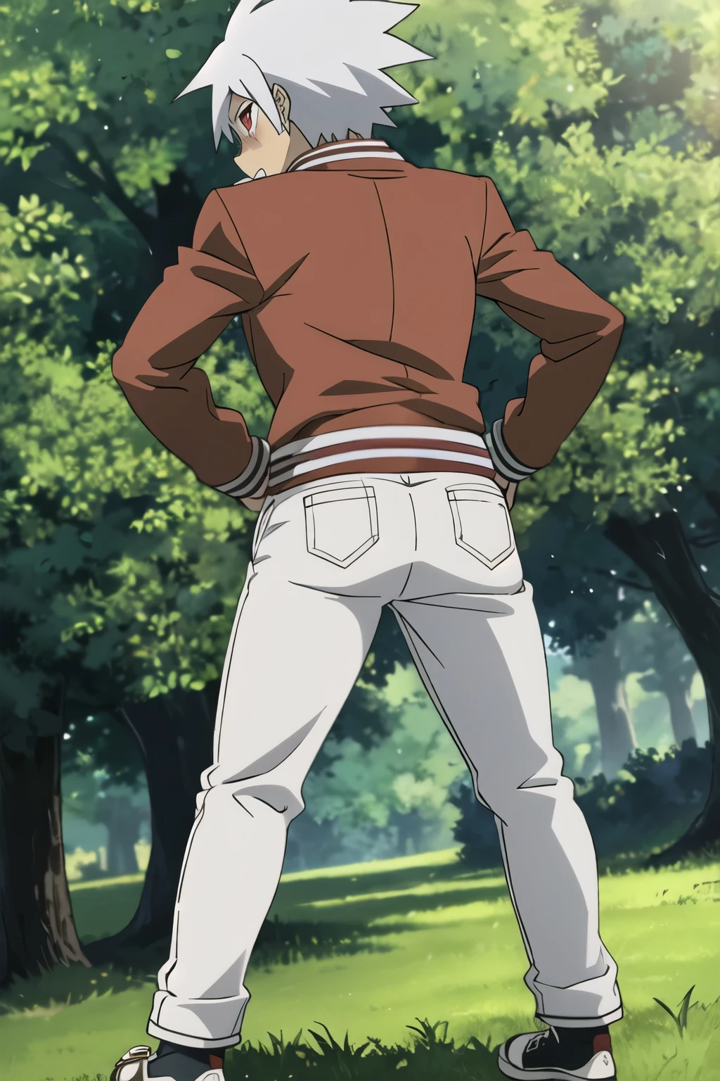 masterpiece, best quality, sketch, game cg, wallpaper, 1boy, solo, male focus, looking at viewer, full body, behind view, , depth of field, anime coloring, , soul_eater_evans, white hair, red eyes, spiked hair, sharp teeth, blushing,  butt, plump butt, thicc butt, letterman jacket, red pants, converse sneakers, , standing, bent forward, hands on hips, hand on thighs, , Looks completely embarrassed, dark scary forest, HD