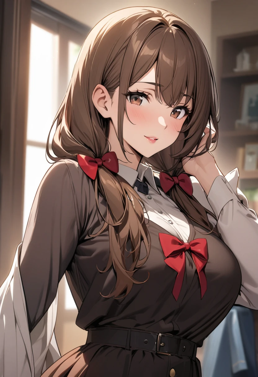 Solo, 1girl, Long Hair, brown hair, brown eyes, mature, red bow, high detail, beautiful eyes, beautiful color, adult, low twin tails, cute, pinch cheeks