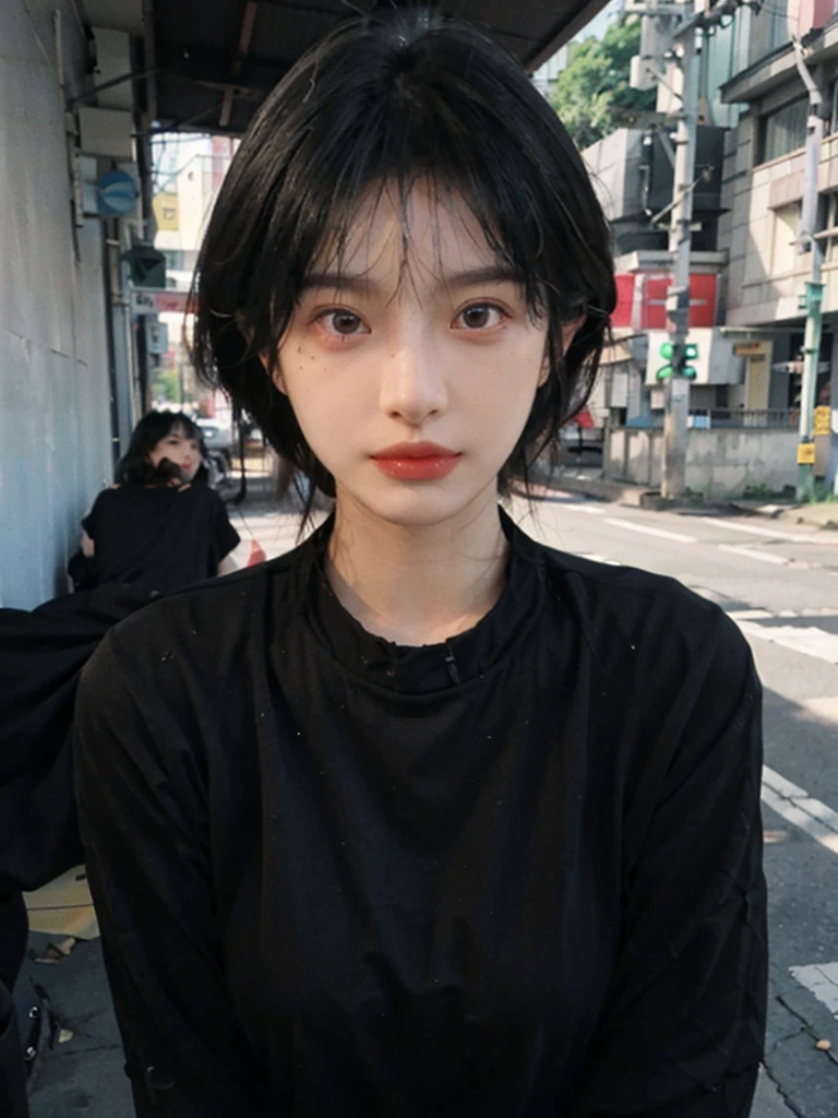 (smooth skin textures:1.3), Lipstick, Upper body,Upper Body,background, earrings, serene, calm, (Black clothes:1.6),(Dress conservatively:1.6),(Realistic and detailed eyes:1.2), Natural skin texture, Realistic facial details, Soft dramatic lighting, Vivid details, outdoor, (Photo Practical:1.4), (hyper Practical:1.4), (Practical:1.3), (Improve lighting quality:0.9), (Highest quality real skin textures:1.4), (Enhance the beauty of skin texture:1.1), Hair details, model, short hair, Moles under the eyes, Portrait Photography, Depth of Field, Bokeh, Surrealism, Ray Tracing, (Portrait Photography:1.1), Surrealism, High Detail, Chiaroscuro, Ray Tracing, reflected light, Ultra HD, Ultra HD, masterpiece, Textured Skin, Super Detail, High Detail, high quality, best quality