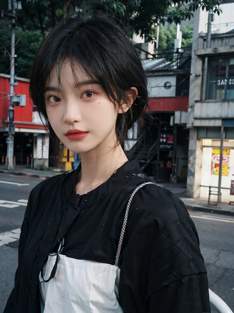 (smooth skin textures:1.3), Lipstick, Upper body,Upper Body,background, earrings, serene, calm, (Black clothes:1.6),(Dress conservatively:1.6),(Realistic and detailed eyes:1.2), Natural skin texture, Realistic facial details, Soft dramatic lighting, Vivid details, outdoor, (Photo Practical:1.4), (hyper Practical:1.4), (Practical:1.3), (Improve lighting quality:0.9), (Highest quality real skin textures:1.4), (Enhance the beauty of skin texture:1.1), Hair details, model, short hair, Moles under the eyes, Portrait Photography, Depth of Field, Bokeh, Surrealism, Ray Tracing, (Portrait Photography:1.1), Surrealism, High Detail, Chiaroscuro, Ray Tracing, reflected light, Ultra HD, Ultra HD, masterpiece, Textured Skin, Super Detail, High Detail, high quality, best quality