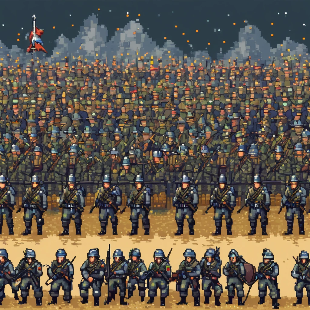 Pixel art、Coarse dots、high quality、high resolution、Western Fantasy、Battlefield、Spectacular、shortage々Shii、A large number of soldiers