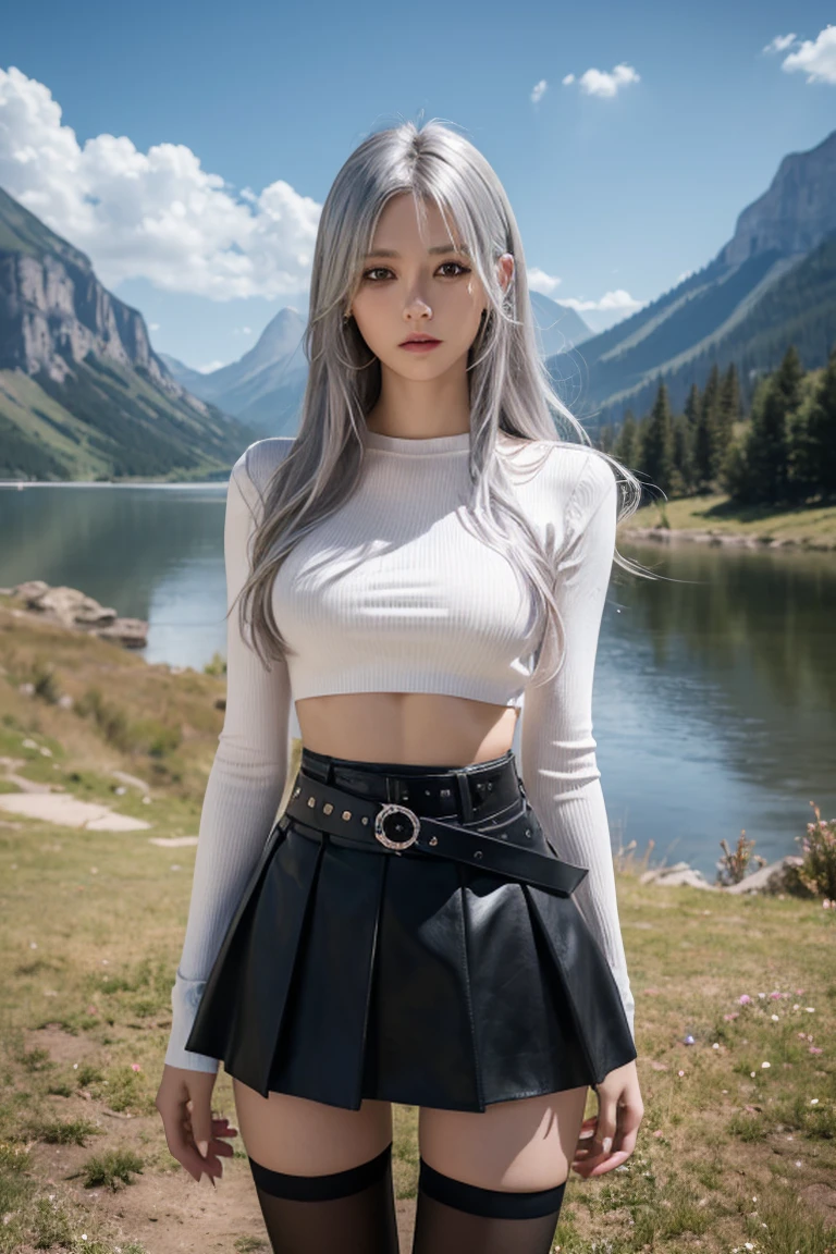 masterpiece, best quality, centered, cowboy shot, highres, Elizabeth, 1girl, jewelry, single thighhigh, (long silver hair, hair over one eye), midriff, black skirt, asymmetrical legwear, pink shirt, black thighhighs, belt, miniskirt, landscape, standing, standing, portrait, upper body