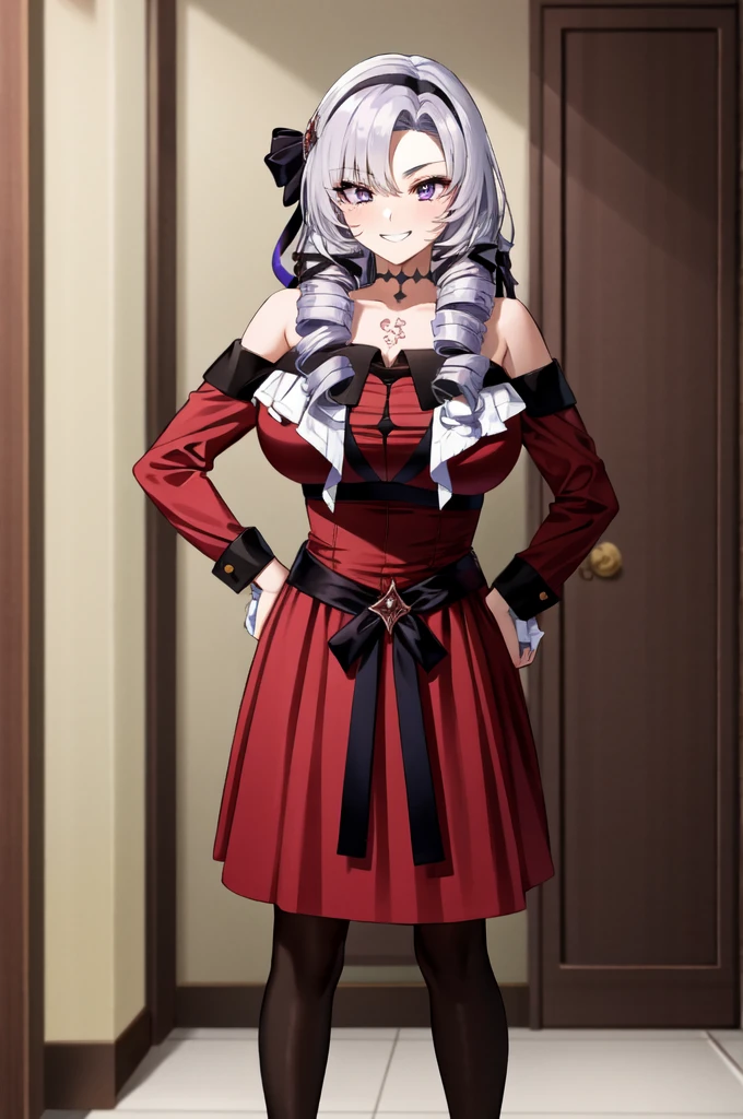 masterpiece,Highest quality,Very detailed,Super detailed,Very detailed,Beautiful Eyes,Beautiful Hair,Beautiful Face,Beautiful Skin,Perfect Anatomy,High resolution,full_body,超High resolution,Huge breasts,Blake Hmsalome,Drill Hair,Parted bangs,Black hair band,ribbon,Purple eyes,tattoo,Red dress,Long sleeve,Bare shoulders,Black gloves,((Smug face)),Hands on hips,city,Throw out your chest,indoor,(((Fascinating_smile))),(Tilt_return:0.8),