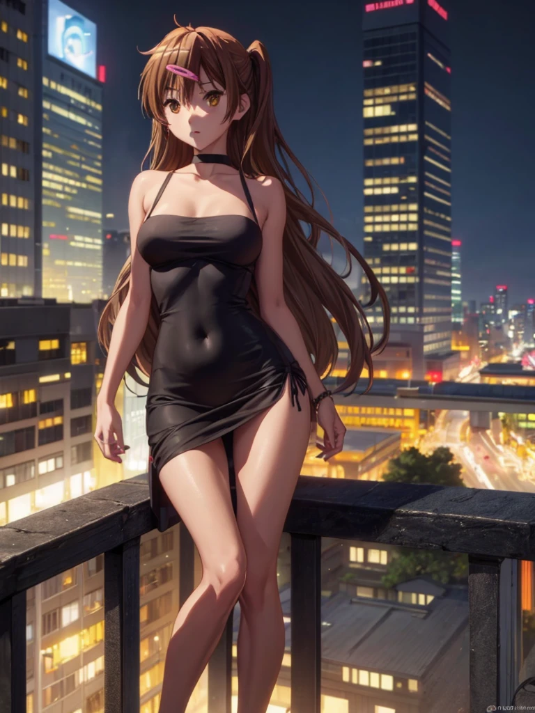 Girl, slim tight dress , black Thong, navel shown, street background, openlegs, night, Balcony, Skyscraper