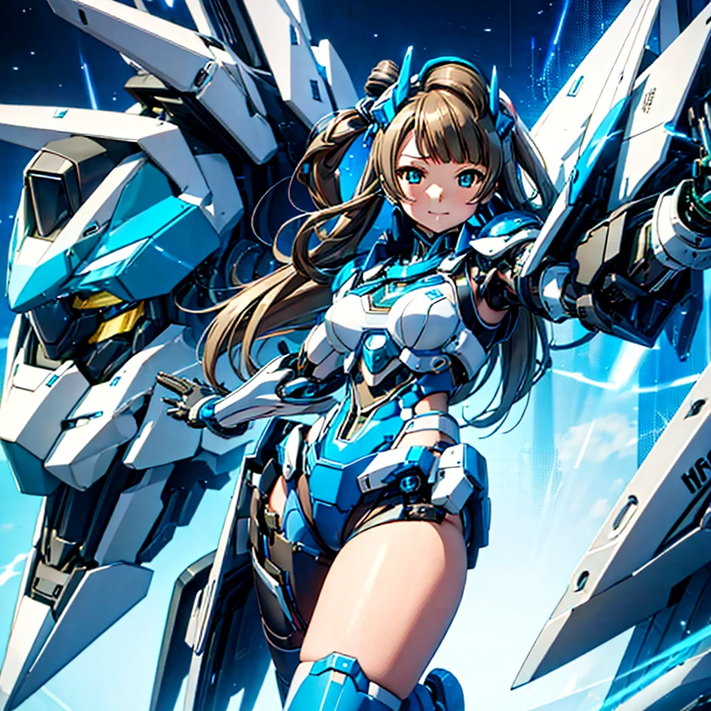 masterpiece, high quality, Cyborgization、Destroyed gynoid cyborg body、The face is of Minami Kotori.、mechanical parts、Blue and white leotard armor、solo focus、Single image、from front, full body、Mechabare、The body is destroyed, exposing the precision machinery、Barcode on thigh、Inside the Institute、It is being repaired