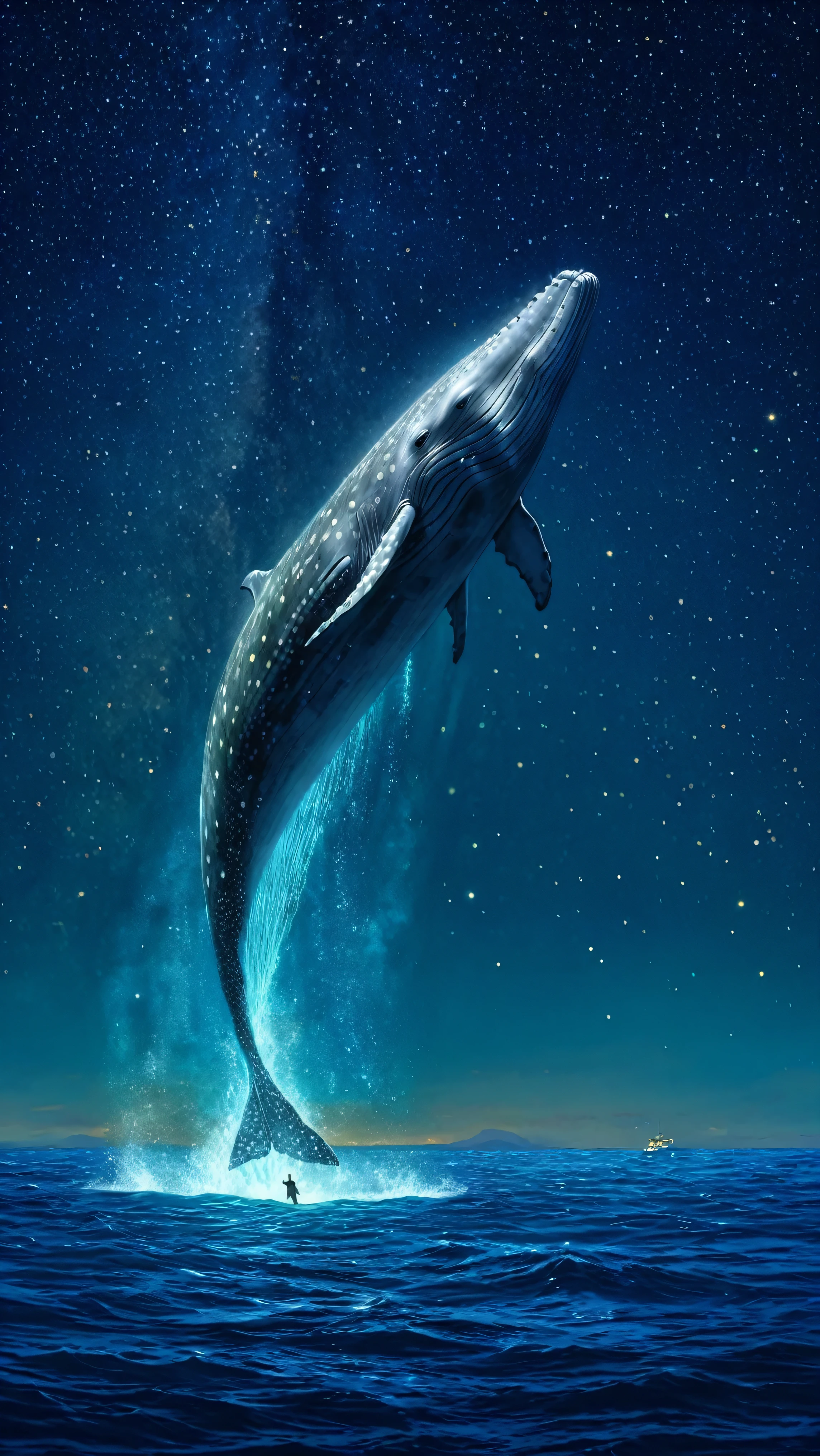 A giant gray whale leaps out of the sea of stars, Geomagnetic storm, night, Starry sky sea, A giant gray whale floating in the starry sky, Jean＝Baptiste Monge, Anthropomorphic 、 Optimistic;  