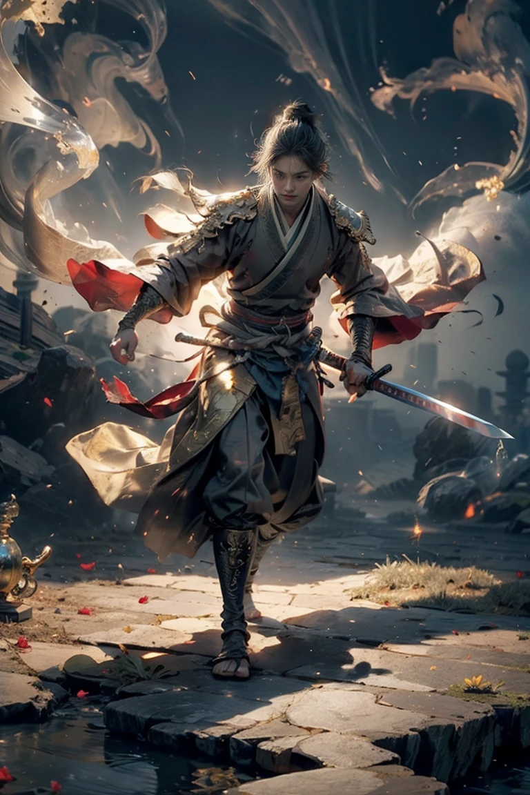 masterpiece，K，high quality，artwork，Martial Spirit，1 boy，Red Theme，smoke，floating weapon，Long Sword，明亮的light，Bright background，Handsome face，Delicate face，Vivid texture，Photos taken with a Sony camera，light，Classical Gold God of Wealth，Dressed in gorgeous dragon robes，Holding a gold ingot，Stepping on the auspicious clouds，Behind is the magnificent palace，Surrounded by gold and silver treasures，Meaning of wealth and good fortune，The picture is bright and eye-catching。