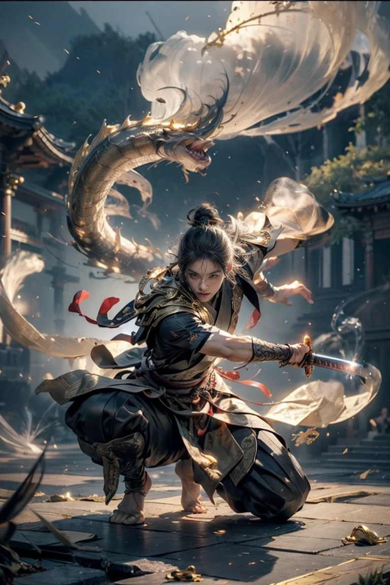 masterpiece，K，high quality，artwork，Martial Spirit，1 boy，Red Theme，smoke，floating weapon，Long Sword，明亮的light，Bright background，Handsome face，Delicate face，Vivid texture，Photos taken with a Sony camera，light，Classical Gold God of Wealth，Dressed in gorgeous dragon robes，Holding a gold ingot，Stepping on the auspicious clouds，Behind is the magnificent palace，Surrounded by gold and silver treasures，Meaning of wealth and good fortune，The picture is bright and eye-catching。