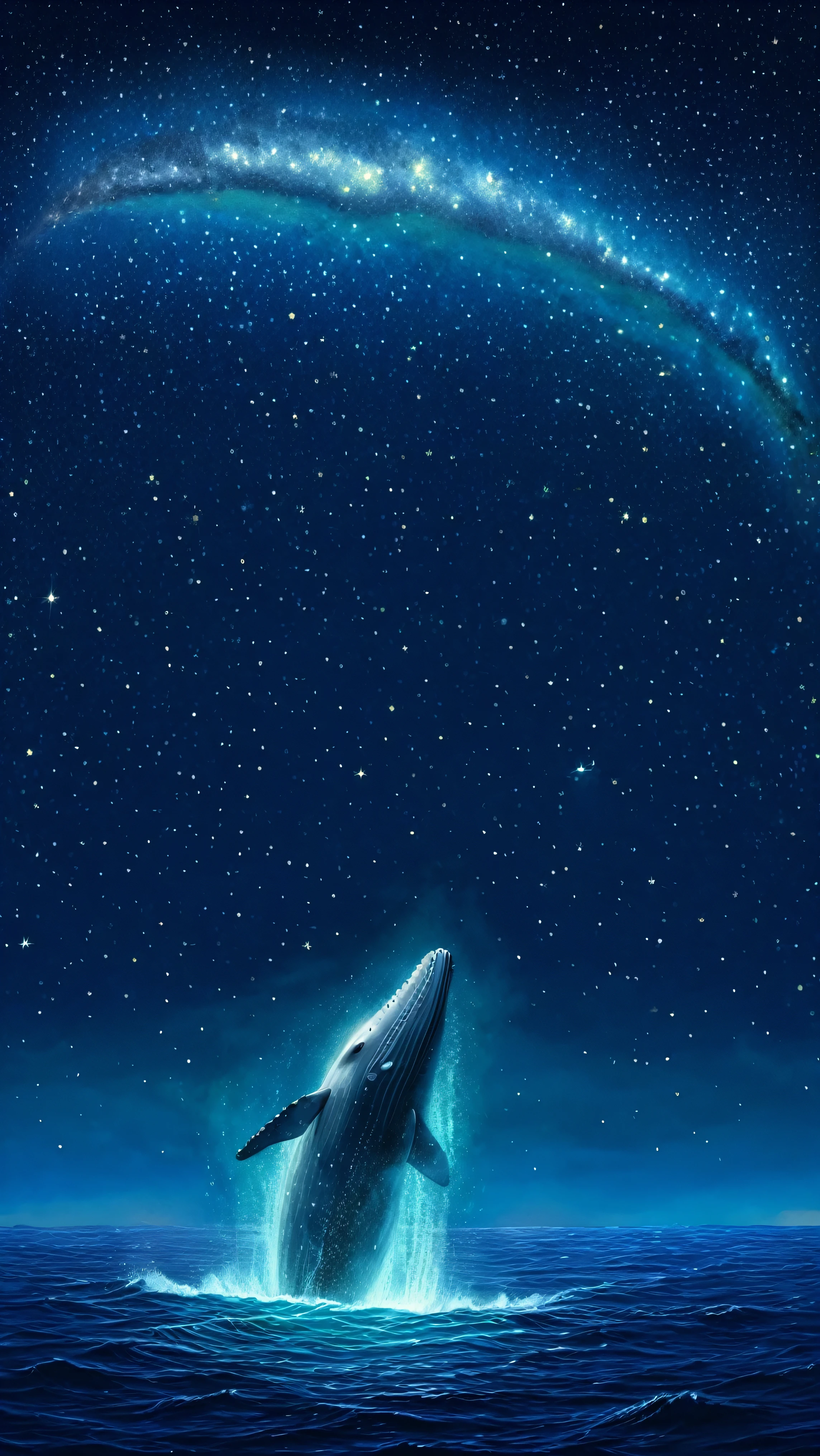 A giant gray whale leaps out of the sea of stars, Geomagnetic storm, night, Starry sky sea, A giant gray whale floating in the starry sky, Jean=Baptiste Monge, Anthropomorphic 、 Optimistic;