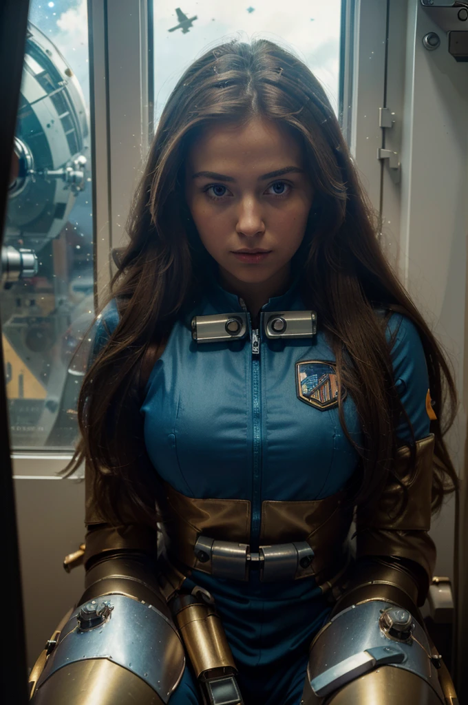 Absurd resolution, high resolution, (masterpiece: 1.4), hyper-detail, 1 young woman, long brown hair, pilot suit, rich princess, sitting in an extremely narrow and closed mecha control room looking out the window, the window is the space universe can see the blue planet (1.5), the expression is excited, the mecha control room is in the universe