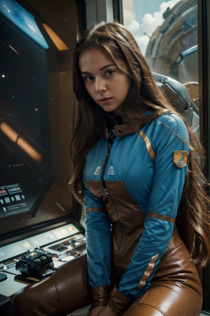 Absurd resolution, high resolution, (masterpiece: 1.4), hyper-detail, 1 young woman, long brown hair, pilot suit, rich princess, sitting in an extremely narrow and closed mecha control room looking out the window, the window is the space universe can see the blue planet (1.5), the expression is excited, the mecha control room is in the universe