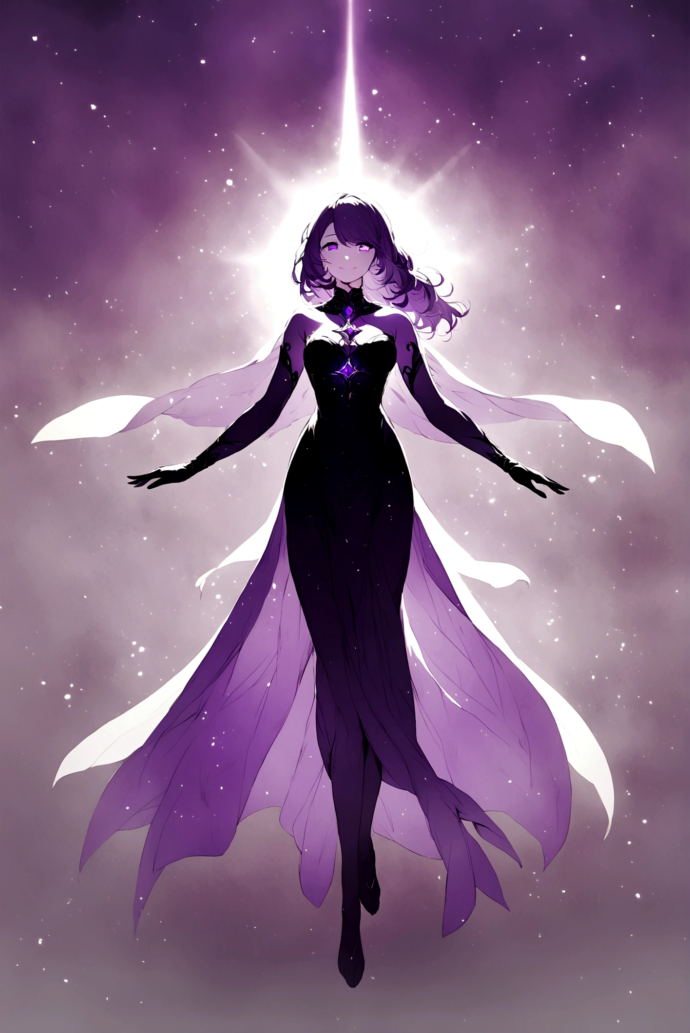 full body,goddess,purple color, detail2eye, low contrast, desaturated, blur, noise,purple hair,purple eyes,holy light,smile