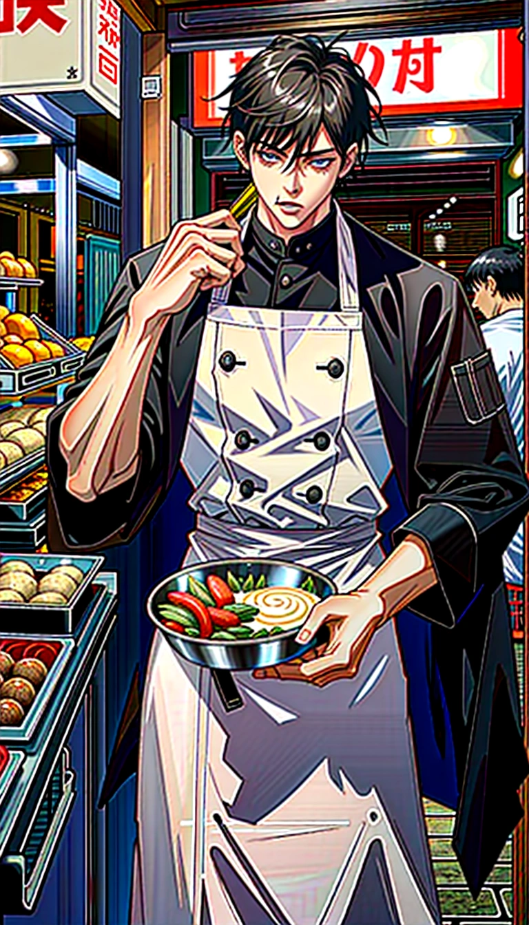 A handsome young man with black hair, dressed in a professional chef's outfit, is standing at a bustling street food stall. He is focused and skillfully preparing a delicious dish, with various cooking utensils and ingredients around him. The background features a vibrant market scene with other food stalls, colorful signs, and a crowd of people eagerly waiting for their food, emphasizing his dedication and expertise in the culinary arts.