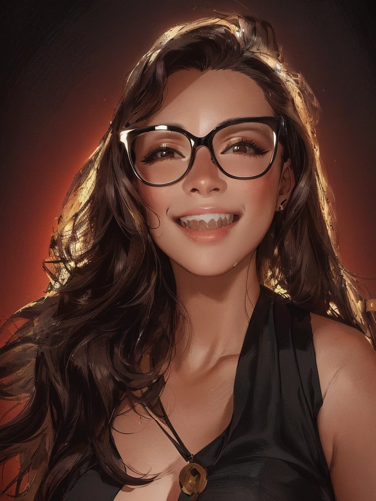smiling, Caucasian woman with glasses and a black top posing for a picture, masterpiece, anatomically correct, textured skin, super detail, high details, high quality, highres, 16k