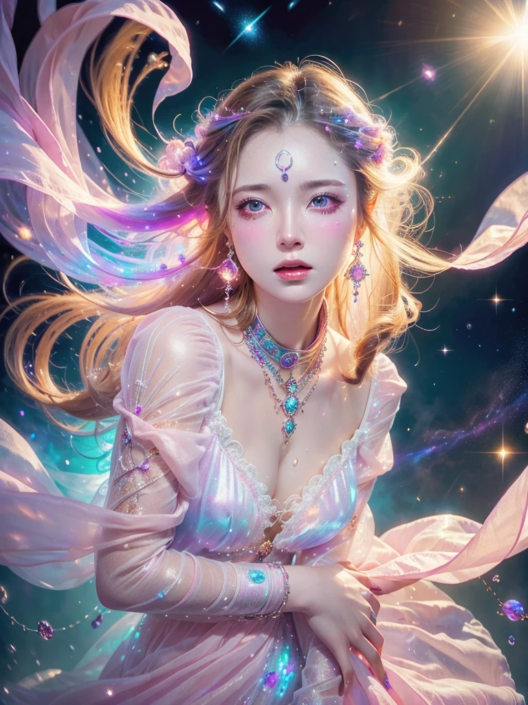 4K Ultra HD, masterpiece, A girl with a magical aura, Nice face, Long Hair, Shiny Hair, fine grain, Glossy Lips,, Aura around the body, Magical Effects, Spreading white light, Cosmic elements and ethereal atmosphere, A mix of bright lights and colorful nebulae, Space Background,, Whitening、(((Wearing pink cloth 1.5)))、Hair and fabric blowing in the wind、(((See-through 1.5)))、(((Elegant pose 1.4)))、Bust up photo、(((Feeling Ecstasy 1.85)))、、Luxurious earrings and necklaces、(((1.5)))、Brown Hair、(((1.5)))