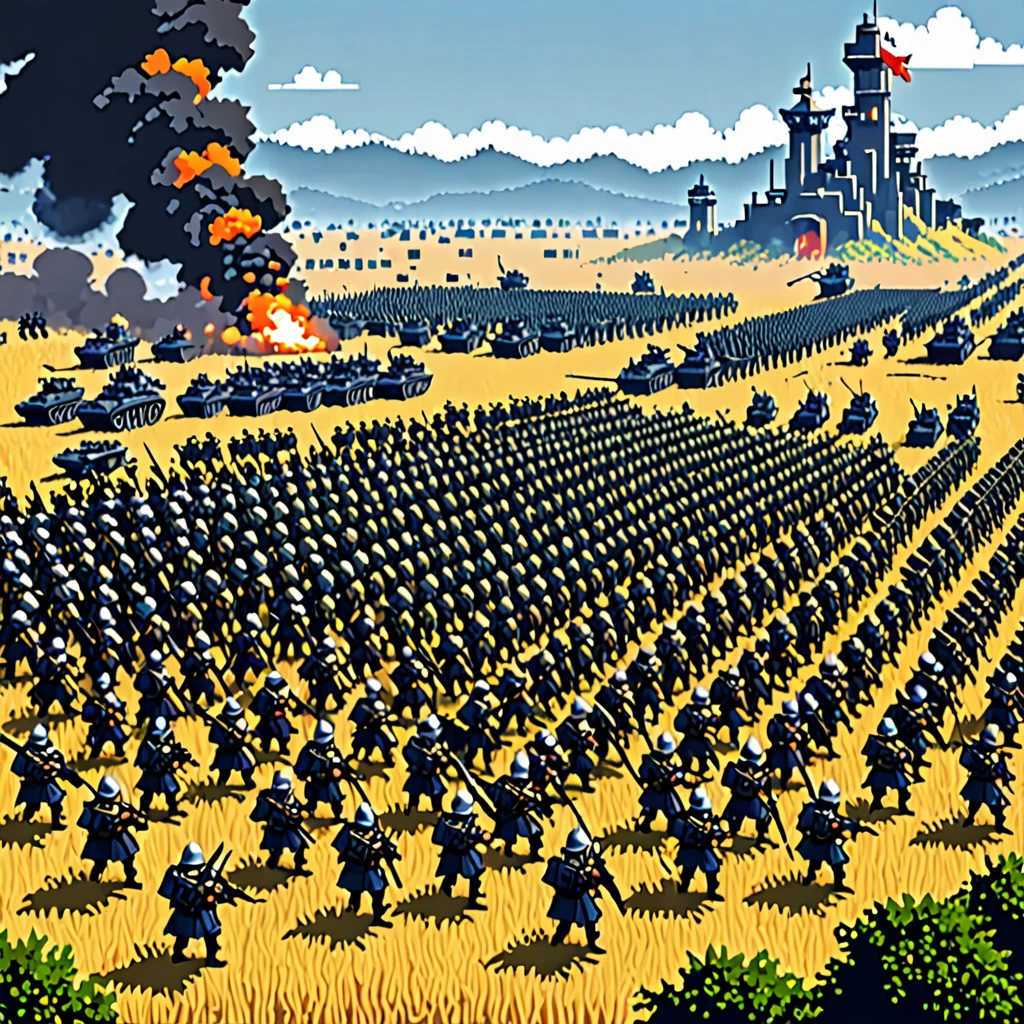 Pixel art、Coarse dots、high quality、high resolution、Western Fantasy、Battlefield、Spectacular、shortage々Shii、A large number of soldiers