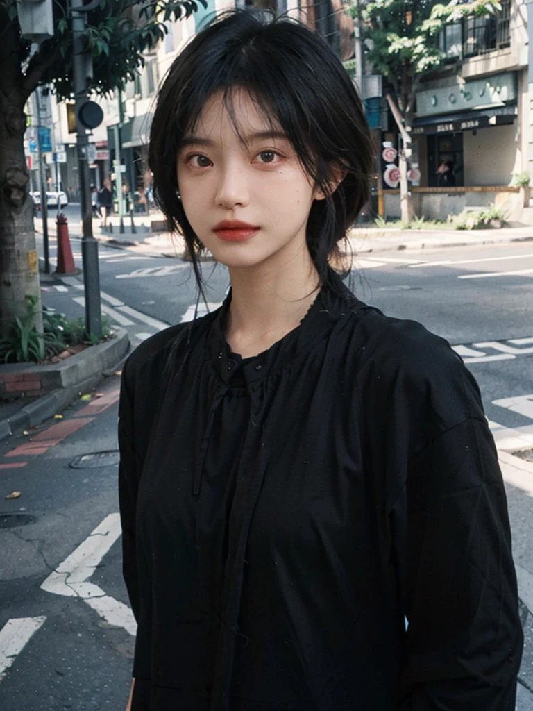 (smooth skin textures:1.3), Lipstick, Upper body，Upper Body，background, earrings, serene, calm, (Black clothes:1.6),（Dress conservatively：1.6），(Realistic and detailed eyes：1.2）, Natural skin texture, Realistic facial details, Soft dramatic lighting, Vivid details, outdoor, (Photo Practical:1.4), (hyper Practical:1.4), (Practical:1.3), (Improve lighting quality:0.9), (Highest quality real skin textures:1.4), (Enhance the beauty of skin texture:1.1), Hair details, model， short hair, Moles under the eyes, Portrait Photography, Depth of Field, Bokeh, Surrealism, Ray Tracing, (Portrait Photography:1.1), Surrealism, High Detail, Chiaroscuro, Ray Tracing, reflected light, Ultra HD, Ultra HD, masterpiece, Textured Skin, Super Detail, High Detail, high quality, best quality
