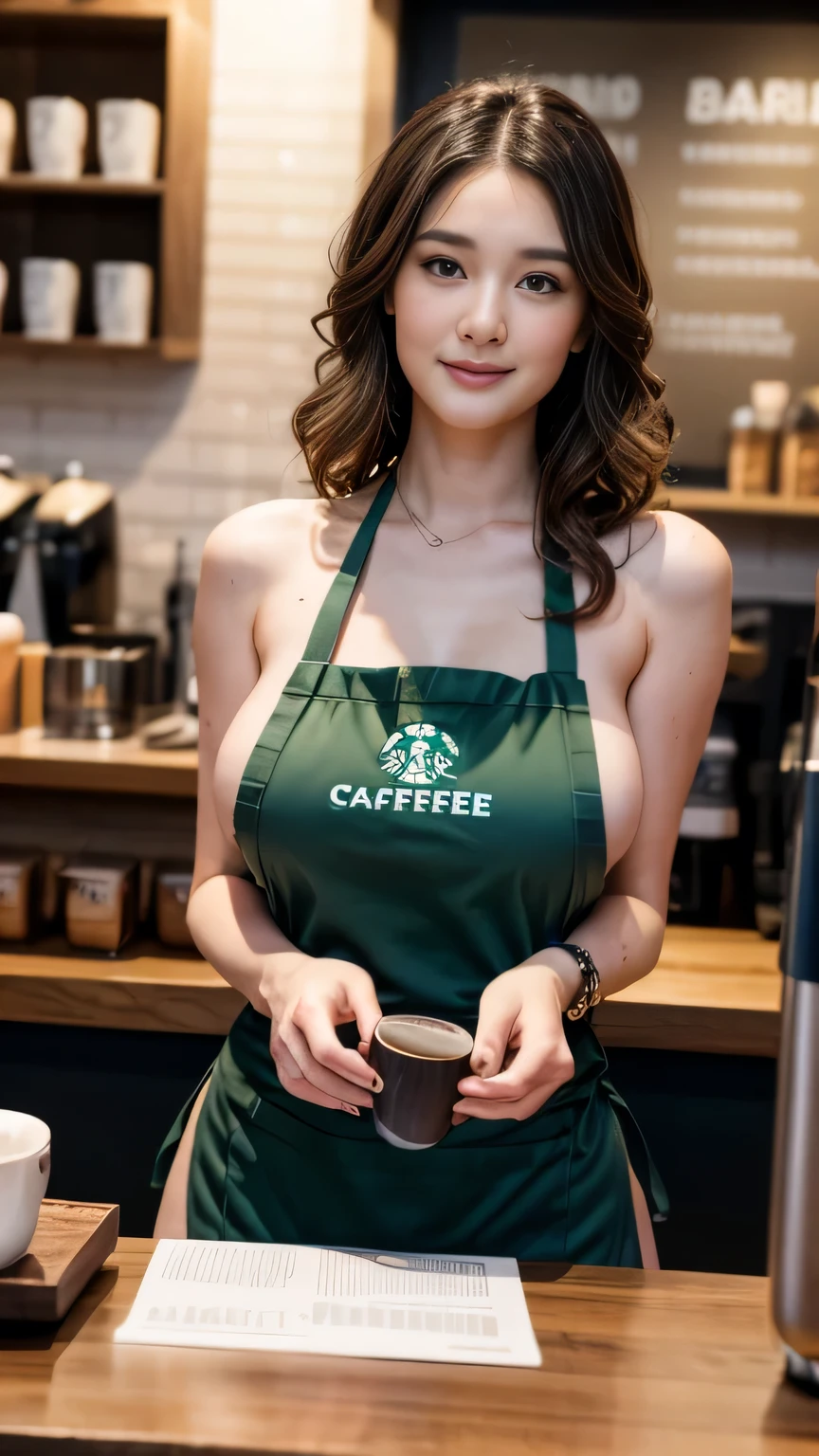 (best quality,highres), A beauty in a Starbucks uniform makes coffee, Big breast、just wearing naked apron、full body, naughty seductive pose, vivid colors,portrait,detailed eyes and face,dark hair,beautiful lips,expressive eyes,natural lighting,smoky eye makeup,curly hair,starbucks branding,coffee machine,morning scene,hot steaming coffee cup,caffeine boost,warm atmosphere,barista style,polished nails,professional lighting,playful expression,intense gaze,aroma of freshly brewed coffee,caffeine addiction,barista skills,aromatic coffee beans,sexy smirk,confident posture,enticing aura