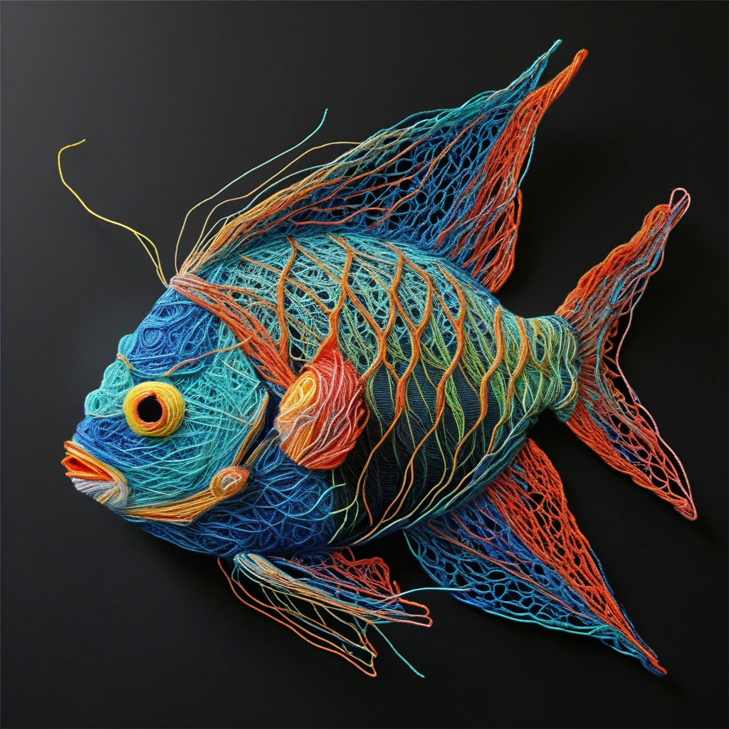 harlequin fish, angel fish, cardinal fish, Yarn art style  