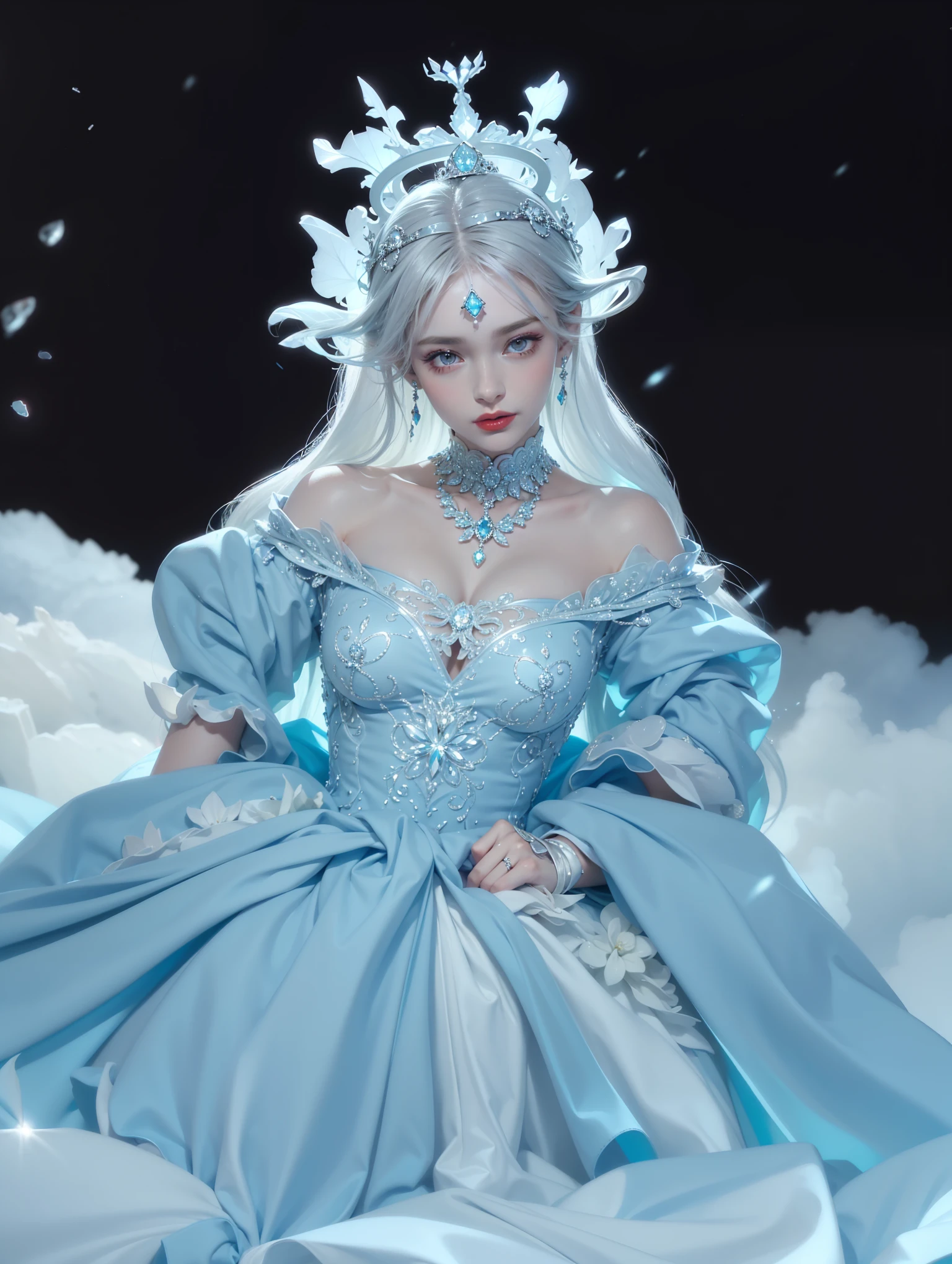 Royal princess,Super detailed, Delicate face, Stock Photography , Portrait 400, F1 Camera Lens.6, Colorful, Surrealism, Realistic textures, Dramatic Lighting, Thin Film Distiller 800 (8K, original photo, Better quality, masterpiece: 1.2), Super detailed, (Extremely delicate skin: 1.2), 8K 超高清, SLR camera, Soft Light, high quality.Fire Queen,Blue pupils,Apply red lipstick,Have a tattoo,The tattoo is very three-dimensional,Gorgeous and intricate tattoo designs,8K Mugshot,Large Breasts,Dark eyeshadow,Sexy thick lips(Red lipstick),Ice Princess,The facial features are very three-dimensional,Gorgeous and exquisite crystal diamond lace wedding dress,Silver armor,Exquisite and ornate silver decoration,Universe shining diamond gem,Ultra-clear portrait,Very exquisite and gorgeous jewelry,Above the clouds