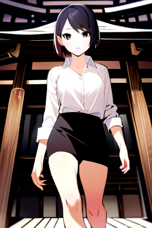 One Girl, One, One), (Wakatsuki Risa, Sarada Uchiha, black hair, short hair, black eyes, red glasses), ((One, (One Woman, Pink Lipstick, Black Eyes), Highly Detailed, Ambient Lighting) Soft, 4K, beautiful eyes, perfect face, perfect lighting, 1 girl))), ((fitness, slim body, athletic body, toned body))), ((shirt, white shirt, black skirt, pencil skirt, Short skirt, wooden bridge, temple))
