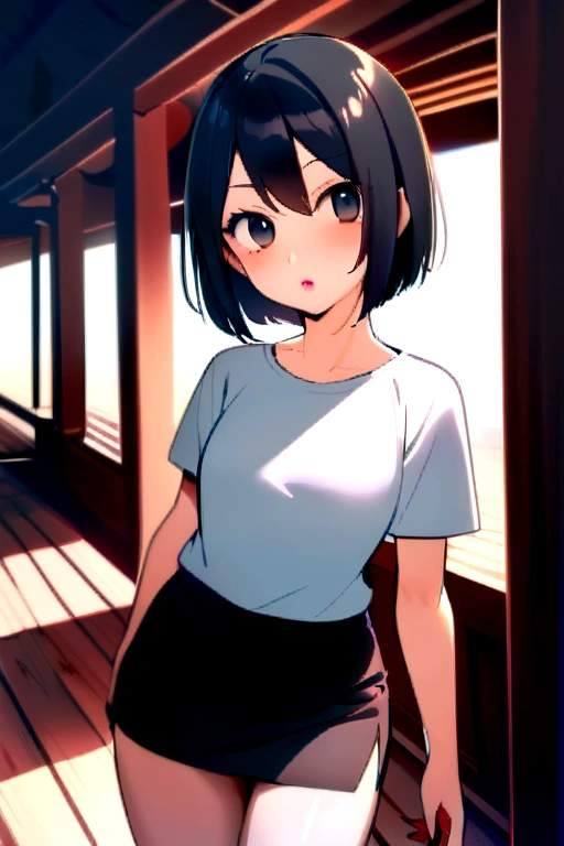 One Girl, One, One), (Wakatsuki Risa, Sarada Uchiha, black hair, short hair, black eyes, red glasses), ((One, (One Woman, Pink Lipstick, Black Eyes), Highly Detailed, Ambient Lighting) Soft, 4K, beautiful eyes, perfect face, perfect lighting, 1 girl))), ((fitness, slim body, athletic body, toned body))), ((shirt, white shirt, black skirt, pencil skirt, Short skirt, wooden bridge, temple))