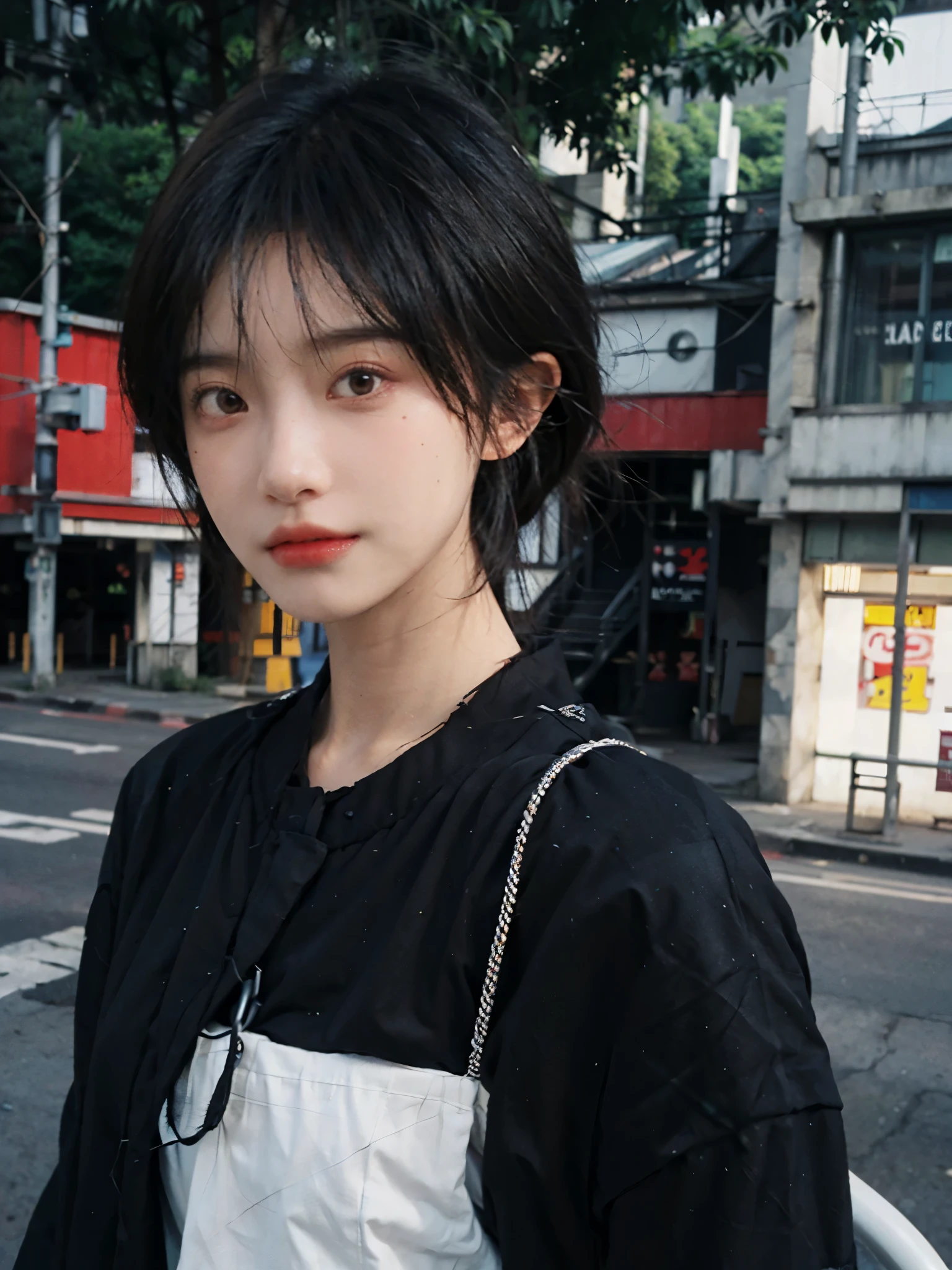 (smooth skin textures:1.3), Lipstick, Upper body,Upper Body,background, earrings, serene, calm, (Black clothes:1.6),(Dress conservatively:1.6),(Realistic and detailed eyes:1.2), Natural skin texture, Realistic facial details, Soft dramatic lighting, Vivid details, outdoor, (Photo Practical:1.4), (hyper Practical:1.4), (Practical:1.3), (Improve lighting quality:0.9), (Highest quality real skin textures:1.4), (Enhance the beauty of skin texture:1.1), Hair details, model, short hair, Moles under the eyes, Portrait Photography, Depth of Field, Bokeh, Surrealism, Ray Tracing, (Portrait Photography:1.1), Surrealism, High Detail, Chiaroscuro, Ray Tracing, reflected light, Ultra HD, Ultra HD, masterpiece, Textured Skin, Super Detail, High Detail, high quality, best quality
