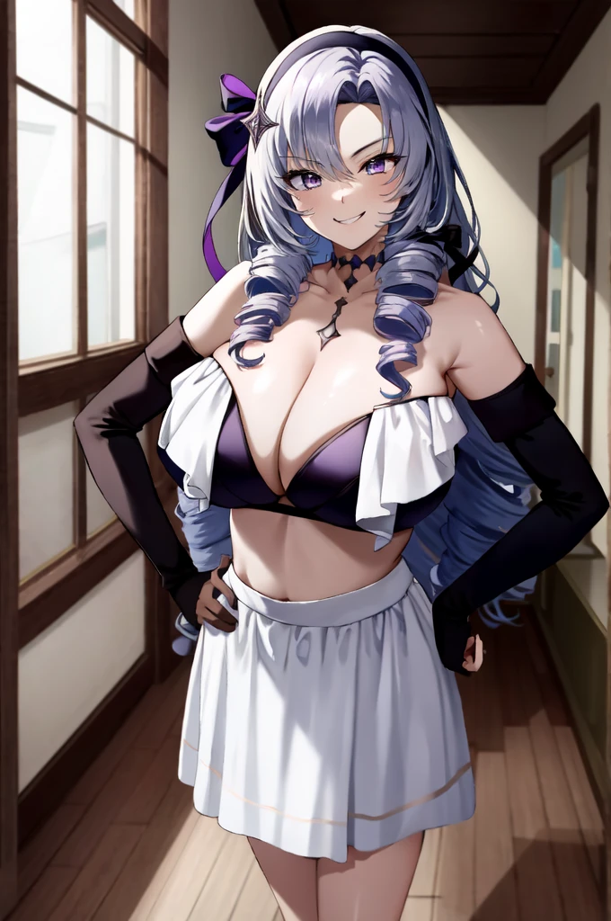 masterpiece,Highest quality,Very detailed,Super detailed,Very detailed,Beautiful Eyes,Beautiful Hair,Beautiful Face,Beautiful Skin,Perfect Anatomy,High resolution,full_body,超High resolution,Huge breasts,Blake Hmsalome,Drill Hair,Parted bangs,Black hair band,ribbon,Purple eyes,naked,Bare shoulders,Black gloves,((Smug face)),Hands on hips,city,Throw out your chest,indoor,(((Fascinating_smile))),(Tilt_return:0.8),